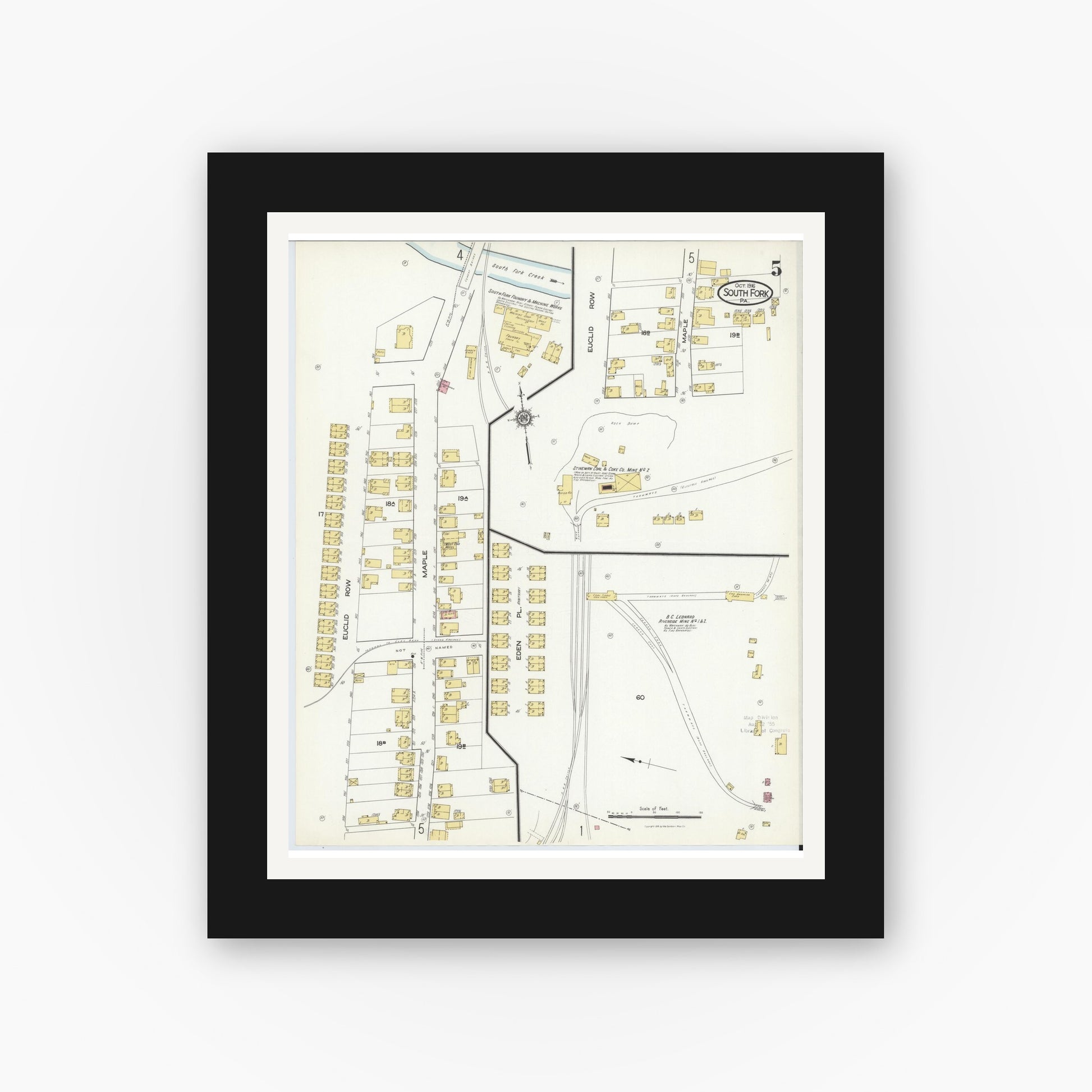 Old map wall art mockup — black gallery frame with white mat — Sanborn Fire Insurance Map from South Fork, Cambria County, Pennsylvania (1916), Sheet #0005