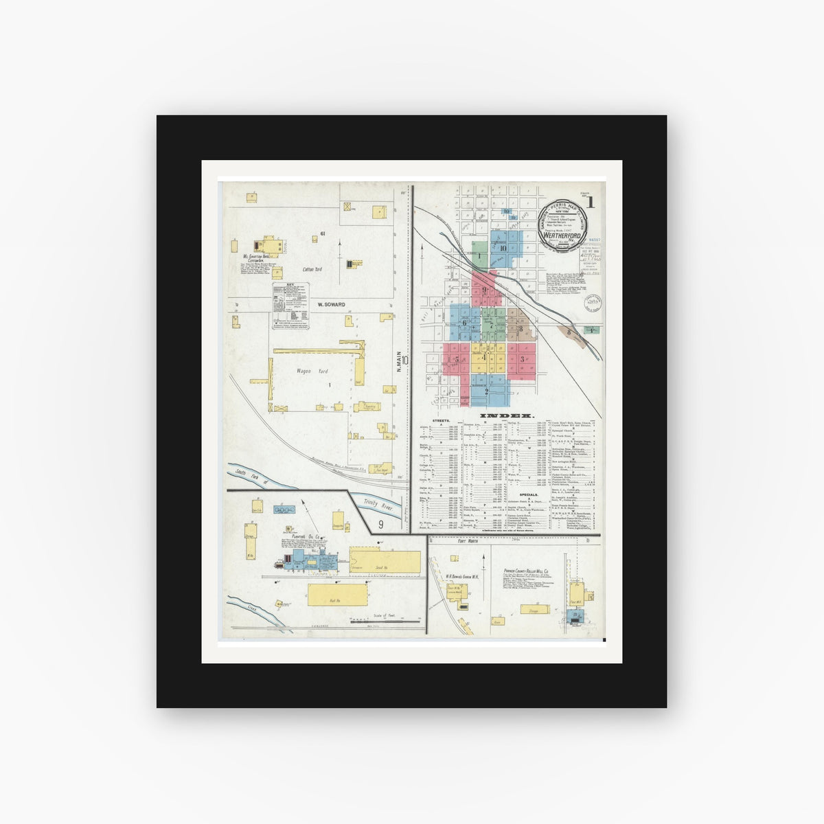 Old map wall art mockup — black gallery frame with white mat — Sanborn Fire Insurance Map from Weatherford, Parker County, Texas (1900) - Complete Map Set