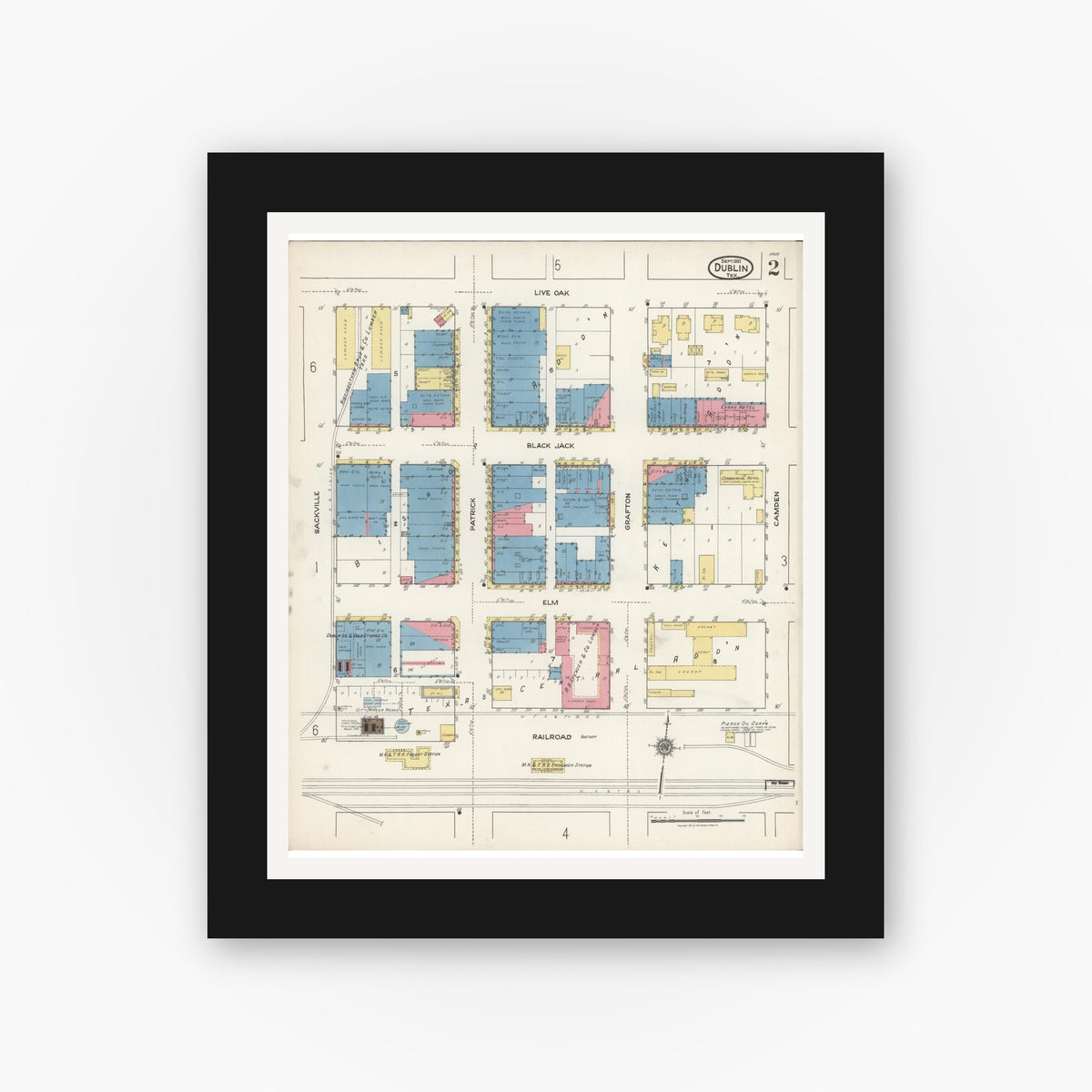 Old map wall art mockup — black gallery frame with white mat — Sanborn Fire Insurance Map from Dublin, Erath County, Texas (1921), Sheet #0002