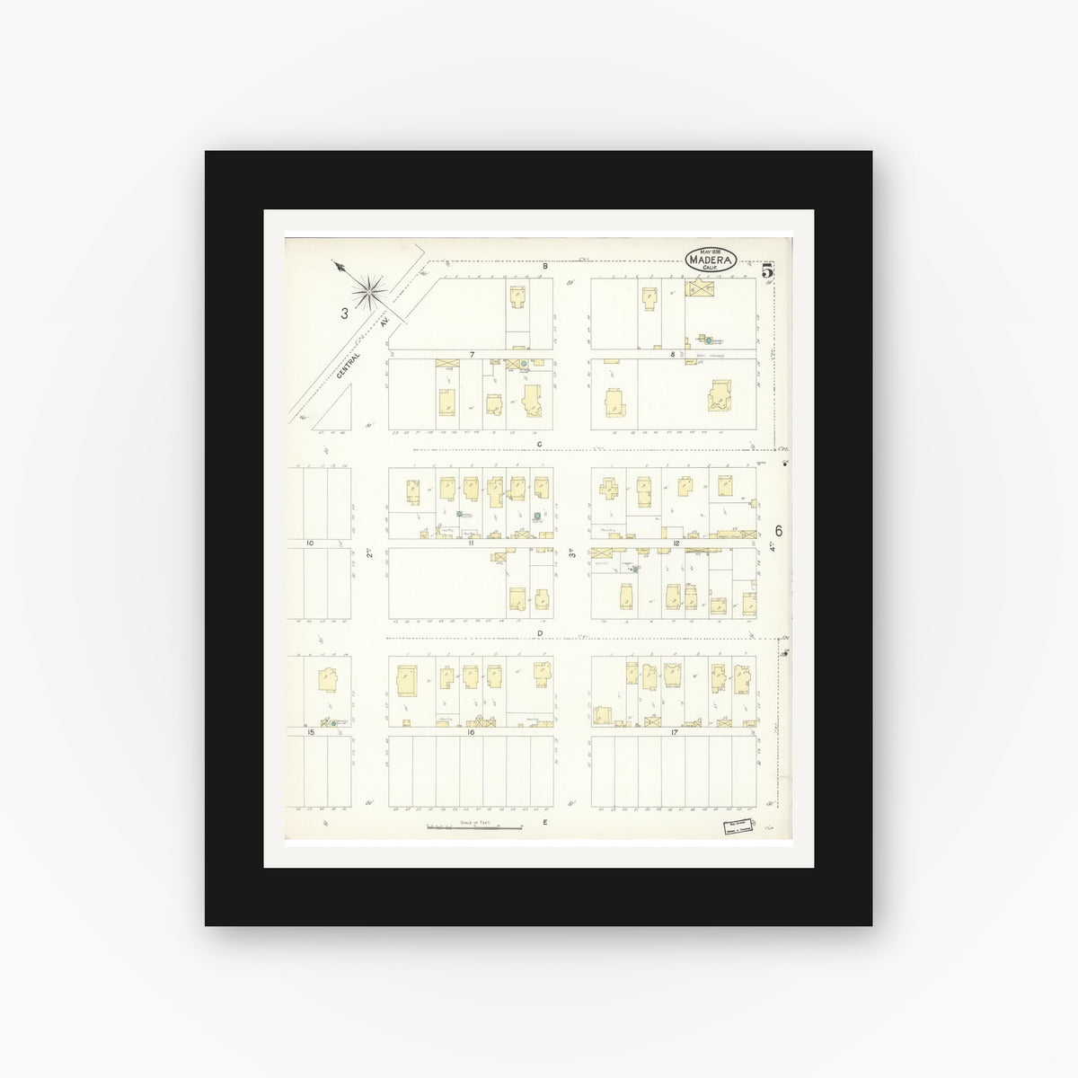 Old map wall art mockup — black gallery frame with white mat — Sanborn Fire Insurance Map from Madera, Madera County, California (1898), Sheet #0005