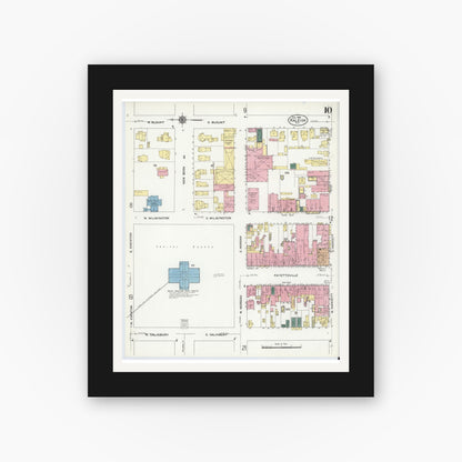 Old map wall art mockup — black gallery frame with white mat — Sanborn Fire Insurance Map from Raleigh, Wake County, North Carolina (1909), Sheet #0010