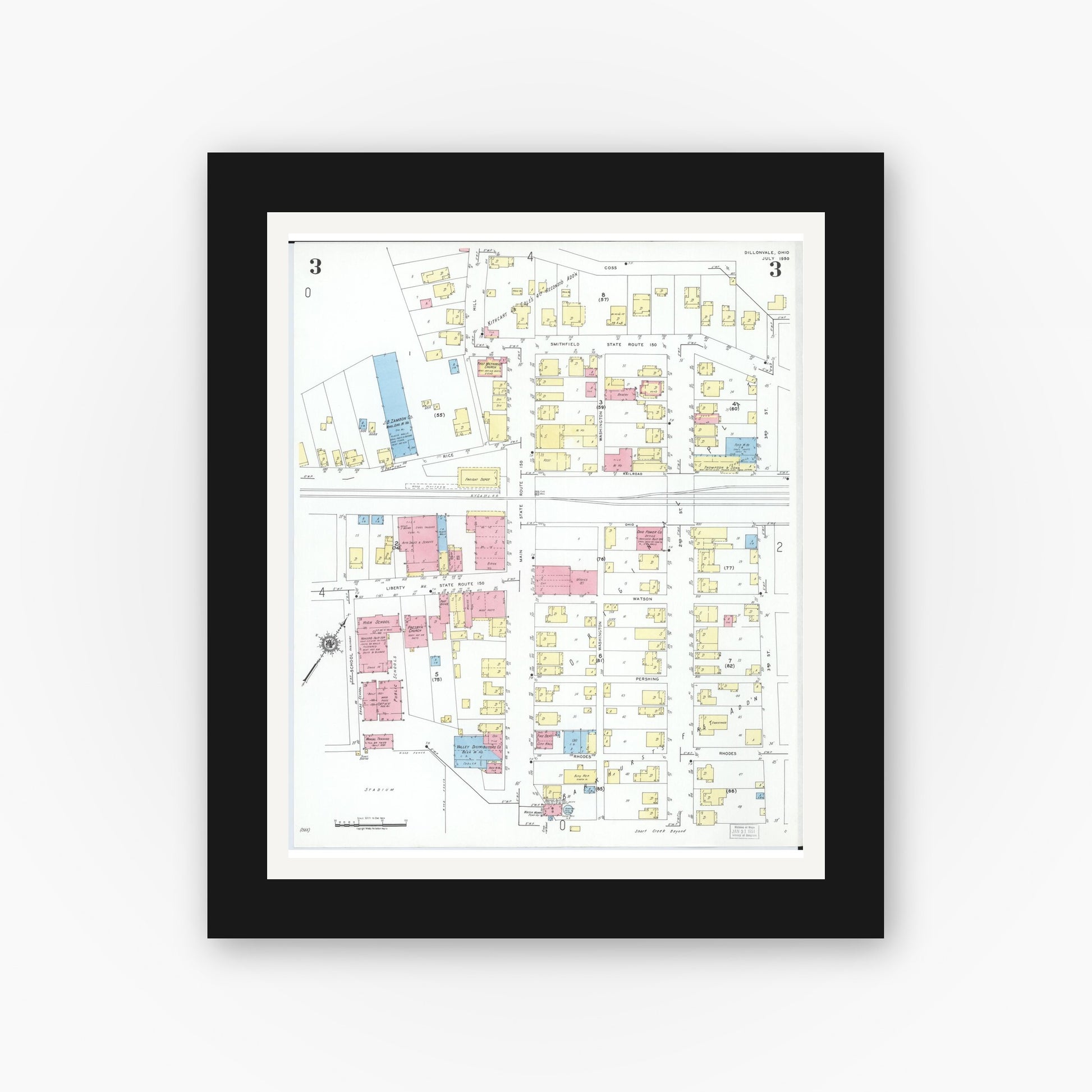 Old map wall art mockup — black gallery frame with white mat — Sanborn Fire Insurance Map from Dillonvale, Jefferson County, Ohio (1950), Sheet #0003
