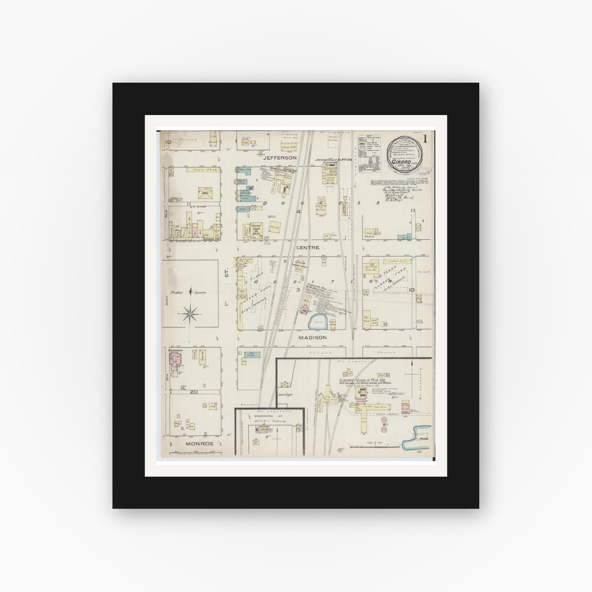 Old map wall art mockup — black gallery frame with white mat — Sanborn Fire Insurance Map from Girard, Macoupin County, Illinois (1886), Sheet #0001