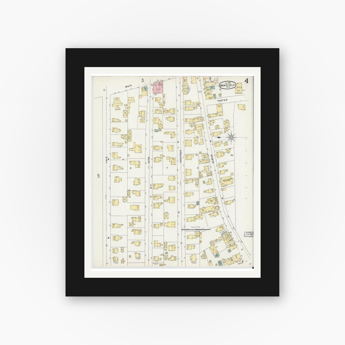 Old map wall art mockup — black gallery frame with white mat — Sanborn Fire Insurance Map from Wakefield, Middlesex County, Massachusetts (1897), Sheet #0004