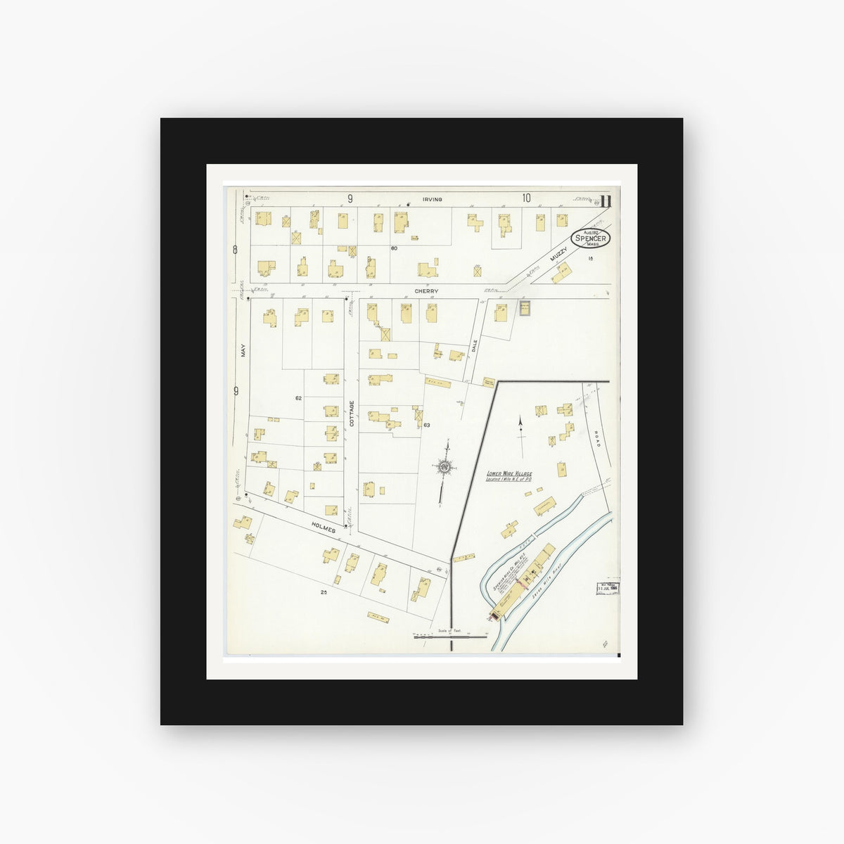 Old map wall art mockup — black gallery frame with white mat — Sanborn Fire Insurance Map from Spencer, Worcester County, Massachusetts (1912), Sheet #0011