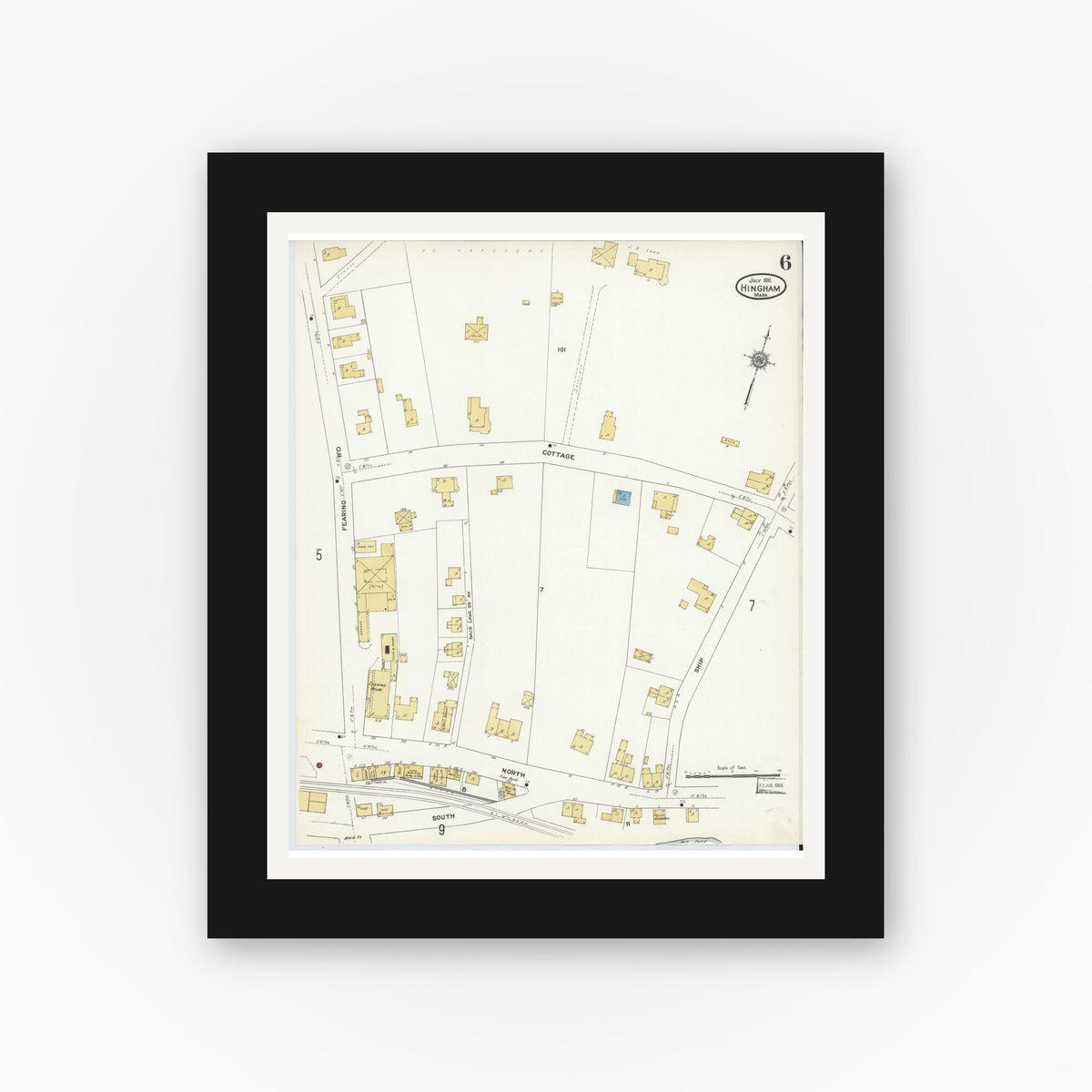 Old map wall art mockup — black gallery frame with white mat — Sanborn Fire Insurance Map from Hingham, Plymouth County, Massachusetts (1911), Sheet #0006