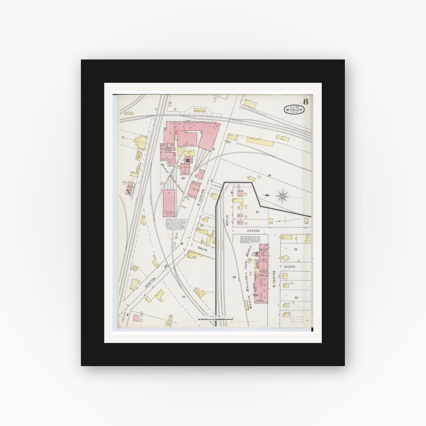 Old map wall art mockup — black gallery frame with white mat — Sanborn Fire Insurance Map from Marion, Marion County, Ohio (1895), Sheet #0008