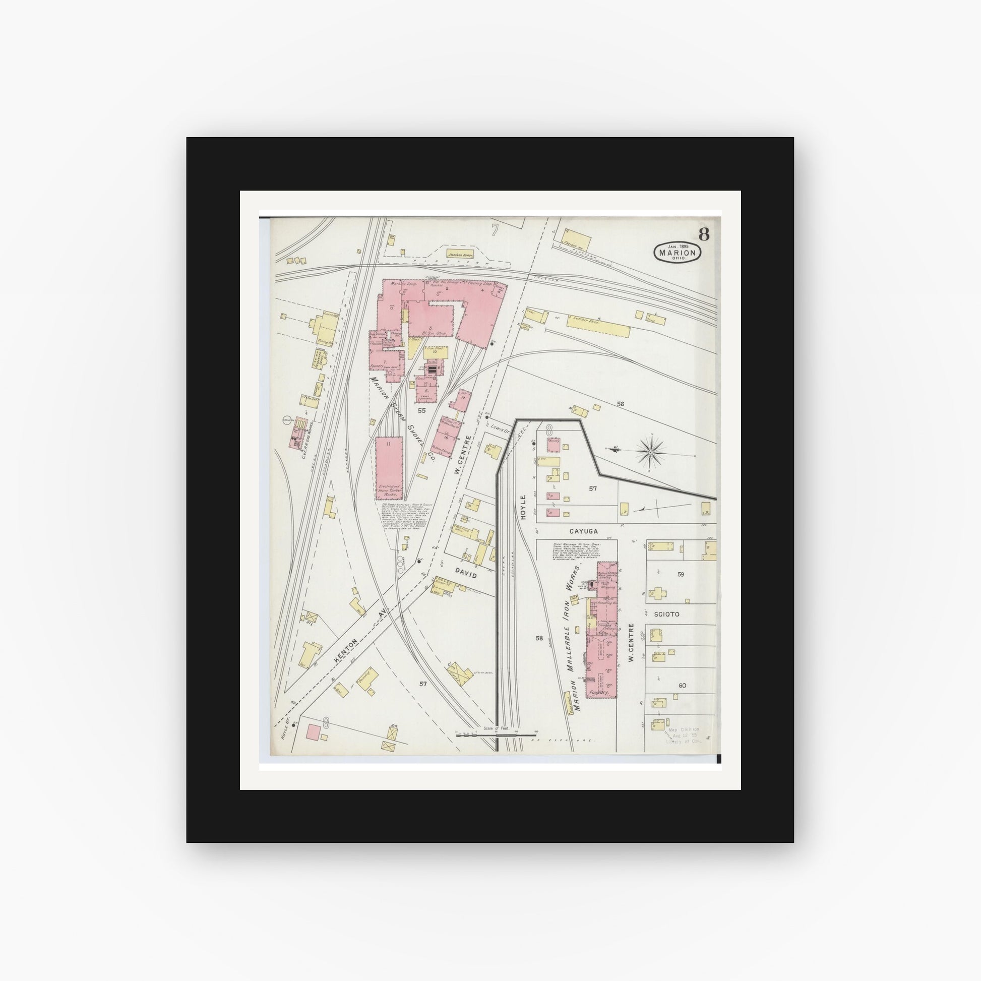 Old map wall art mockup — black gallery frame with white mat — Sanborn Fire Insurance Map from Marion, Marion County, Ohio (1895), Sheet #0008