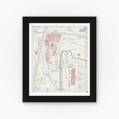 Old map wall art mockup — black gallery frame with white mat — Sanborn Fire Insurance Map from Marion, Marion County, Ohio (1895), Sheet #0008