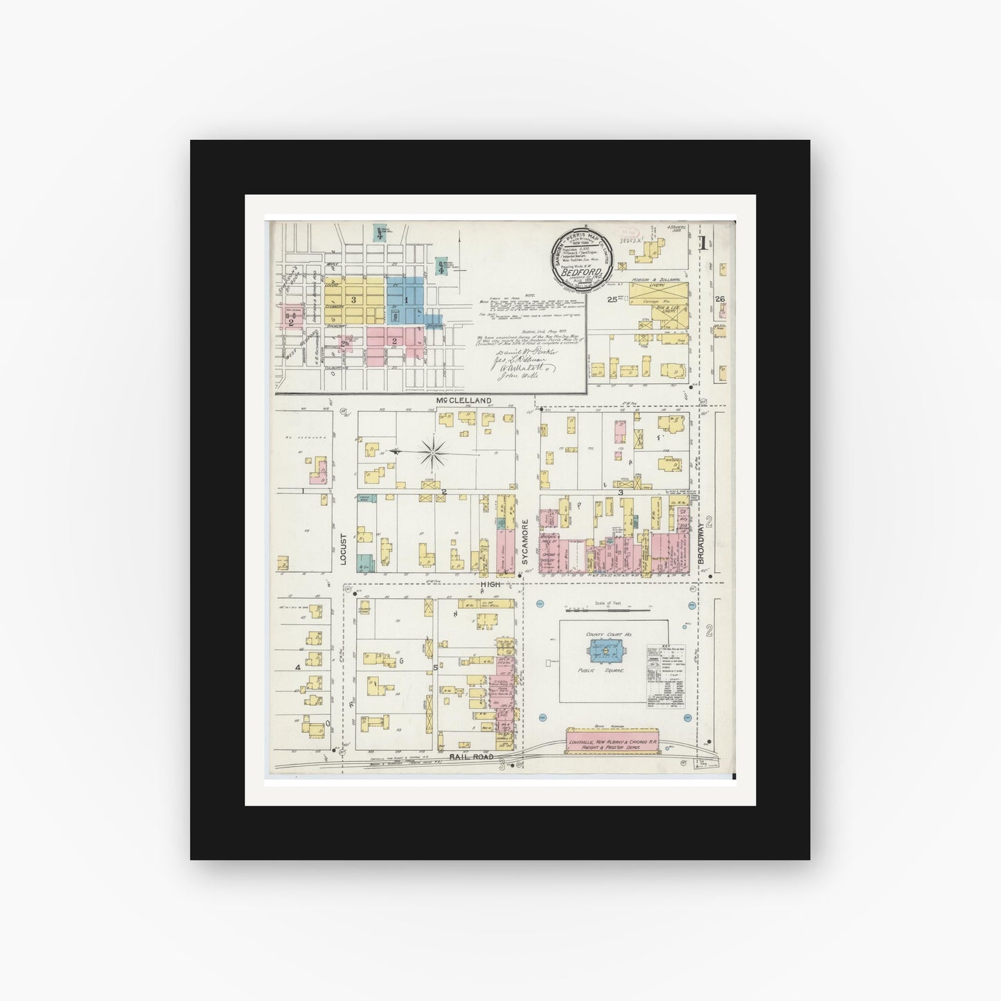 Old map wall art mockup — black gallery frame with white mat — Sanborn Fire Insurance Map from Bedford, Lawrence County, Indiana (1892) - Complete Map Set