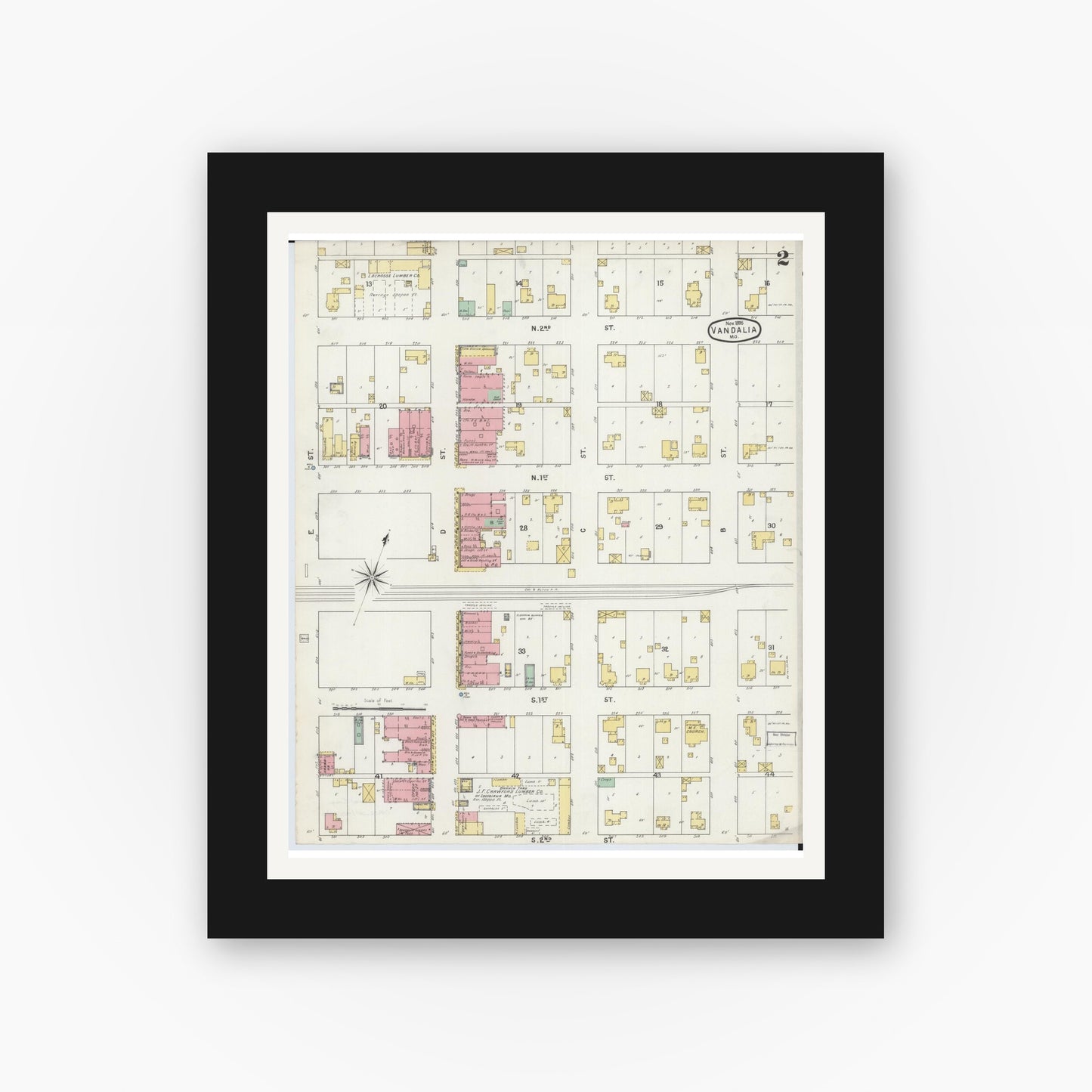Old map wall art mockup — black gallery frame with white mat — Sanborn Fire Insurance Map from Vandalia, Audrain County, Missouri (1895), Sheet #0002