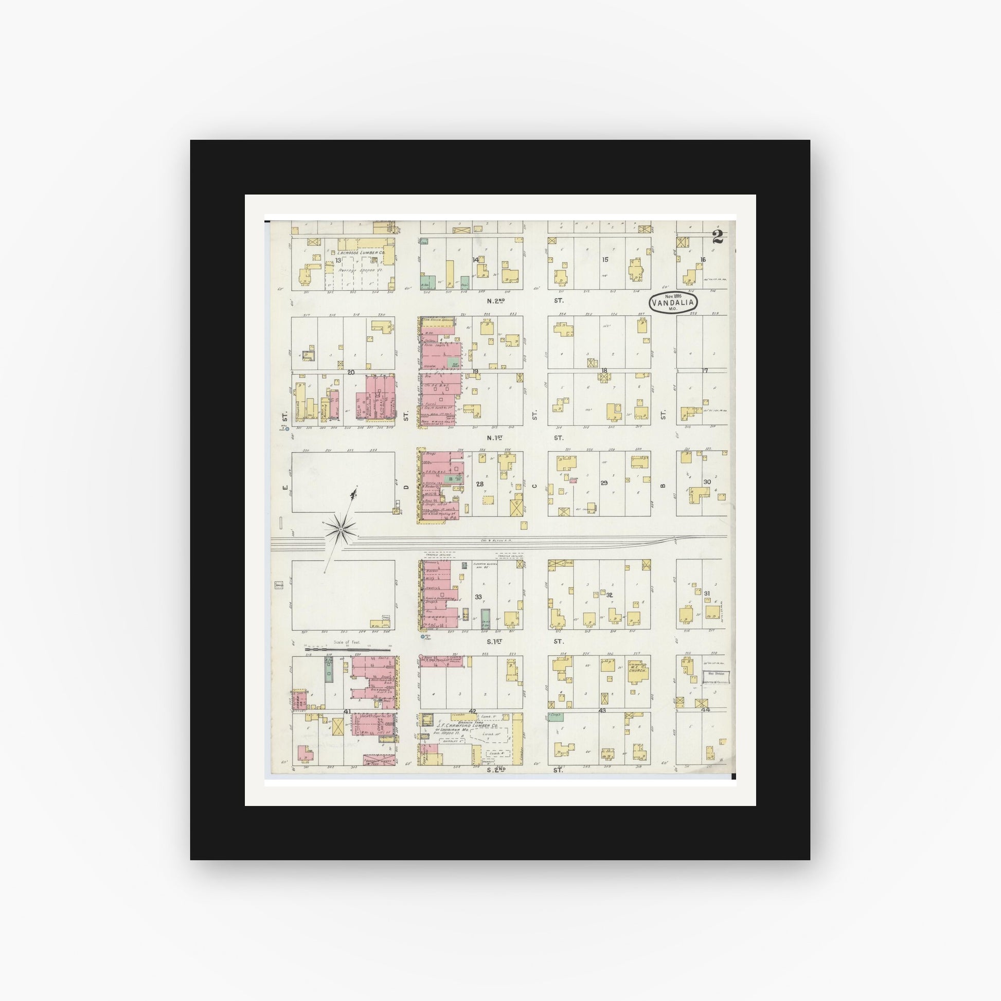 Old map wall art mockup — black gallery frame with white mat — Sanborn Fire Insurance Map from Vandalia, Audrain County, Missouri (1895), Sheet #0002