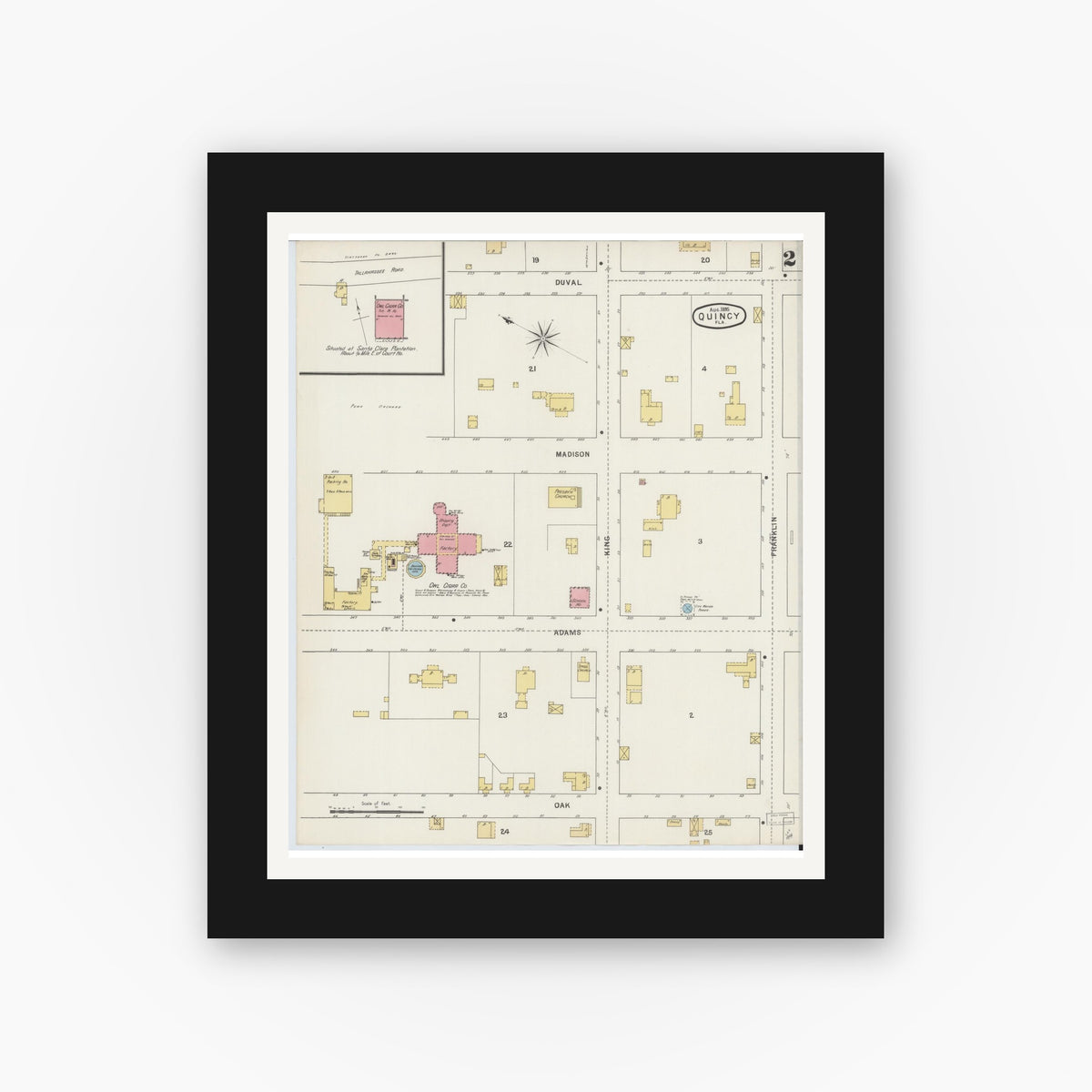 Old map wall art mockup — black gallery frame with white mat — Sanborn Fire Insurance Map from Quincy, Gadsden County, Florida (1895), Sheet #0002