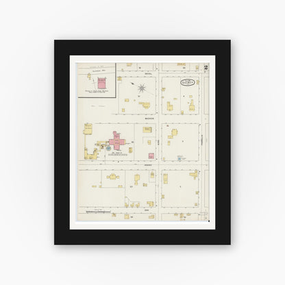Old map wall art mockup — black gallery frame with white mat — Sanborn Fire Insurance Map from Quincy, Gadsden County, Florida (1895), Sheet #0002