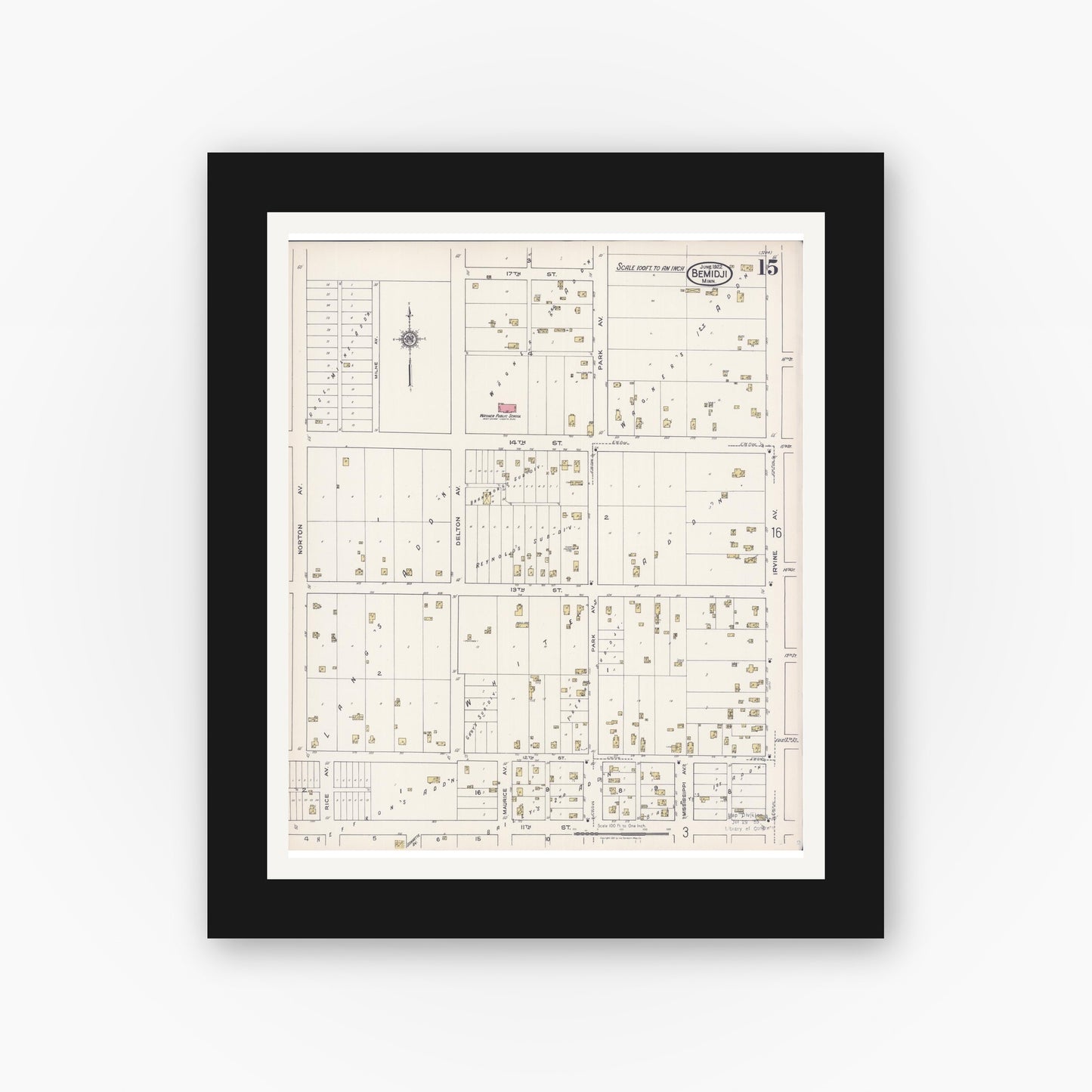 Old map wall art mockup — black gallery frame with white mat — Sanborn Fire Insurance Map from Bemidji, Beltrami County, Minnesota (1922), Sheet #0015
