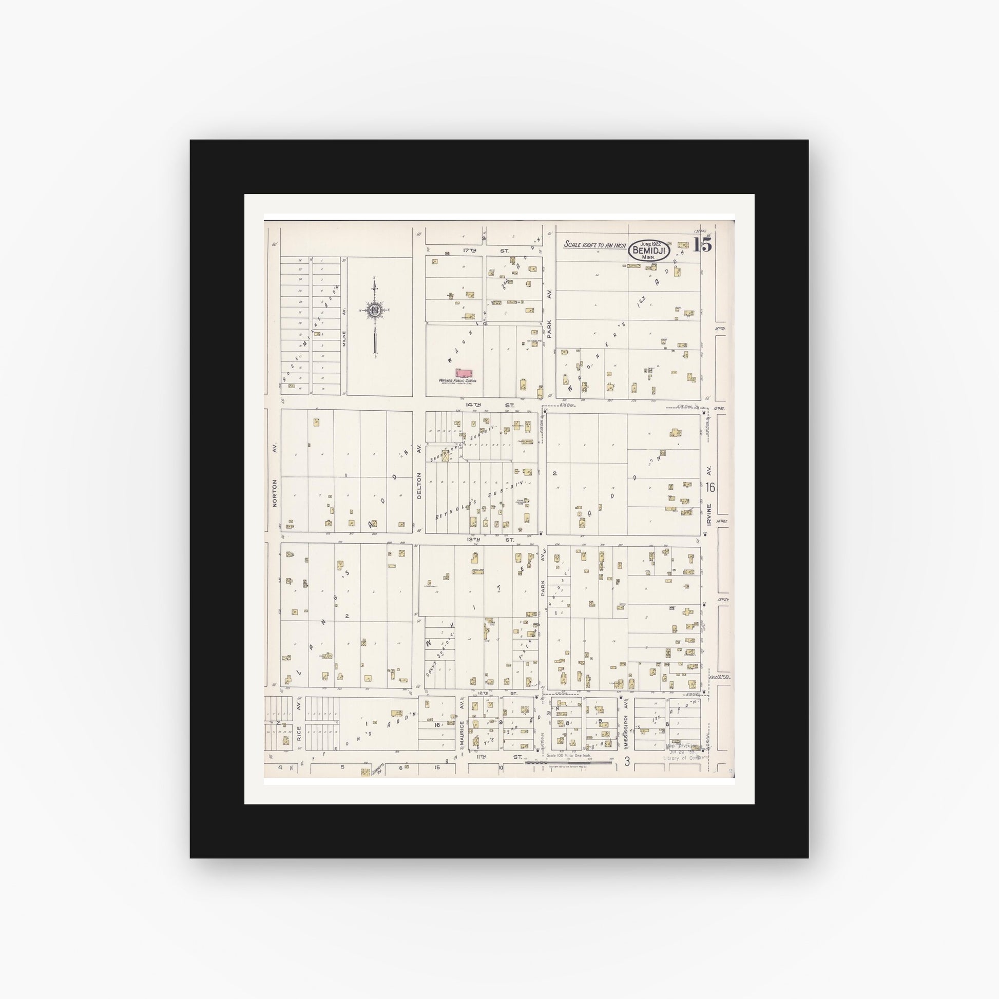 Old map wall art mockup — black gallery frame with white mat — Sanborn Fire Insurance Map from Bemidji, Beltrami County, Minnesota (1922), Sheet #0015