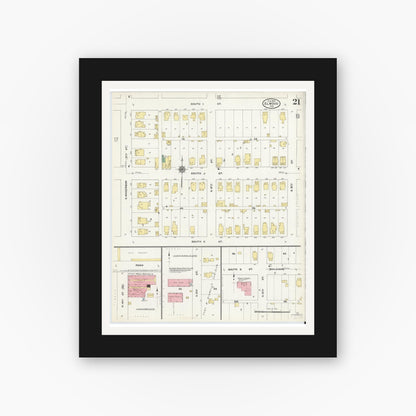 Old map wall art mockup — black gallery frame with white mat — Sanborn Fire Insurance Map from Elwood, Madison County, Indiana (1910), Sheet #0021