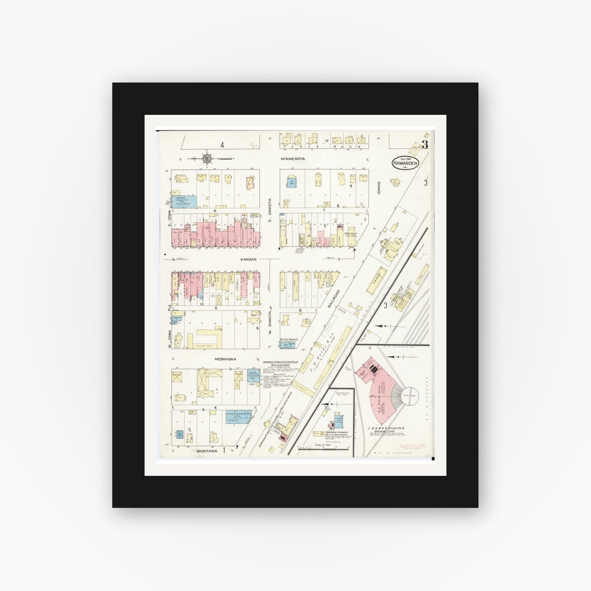 Old map wall art mockup — black gallery frame with white mat — Sanborn Fire Insurance Map from Hawarden, Sioux County, Iowa (1914), Sheet #0003
