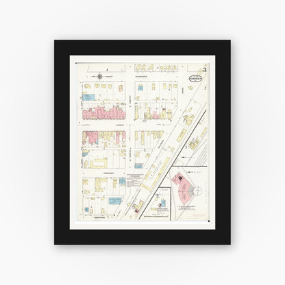 Old map wall art mockup — black gallery frame with white mat — Sanborn Fire Insurance Map from Hawarden, Sioux County, Iowa (1914), Sheet #0003