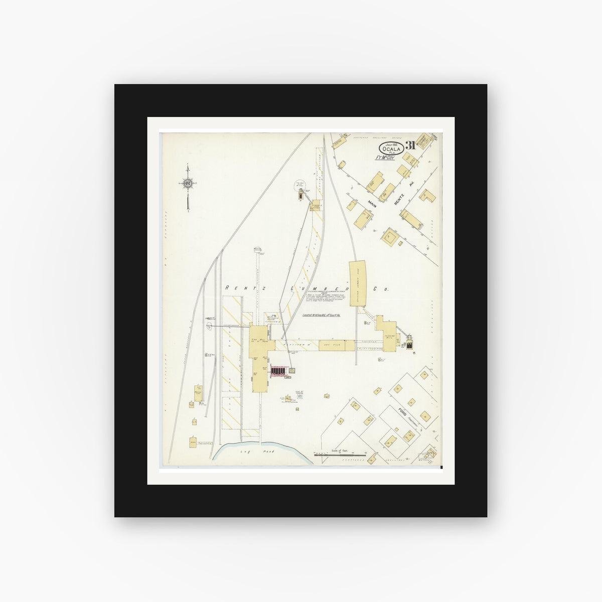 Old map wall art mockup — black gallery frame with white mat — Sanborn Fire Insurance Map from Ocala, Marion County, Florida (1912), Sheet #0031