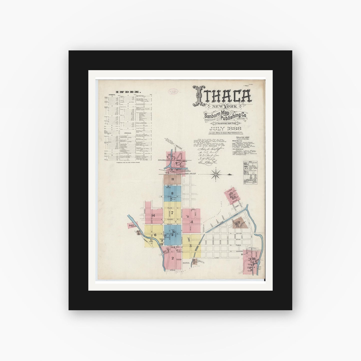 Old map wall art mockup — black gallery frame with white mat — Sanborn Fire Insurance Map from Ithaca, Tompkins County, New York (1888), Sheet #0001