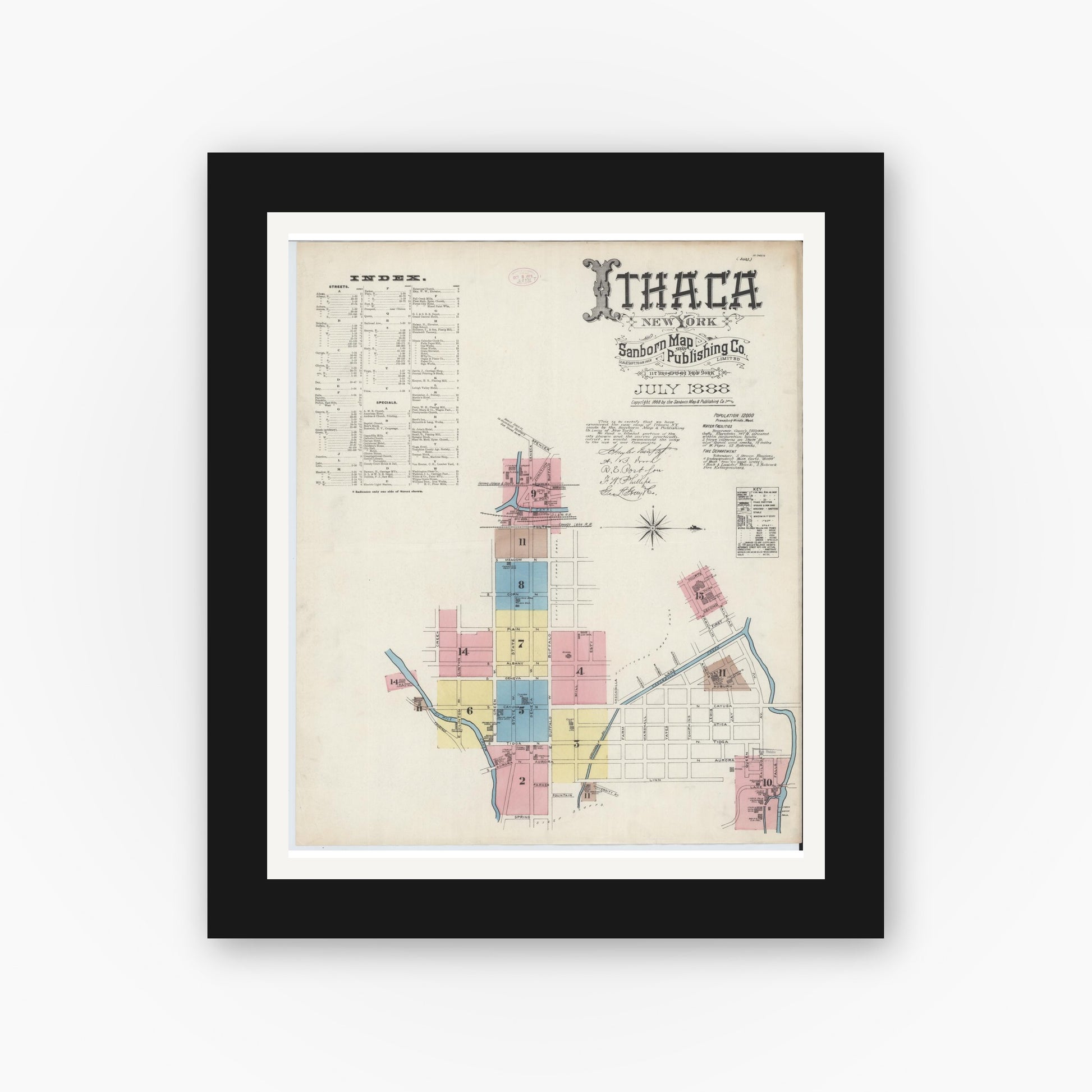 Old map wall art mockup — black gallery frame with white mat — Sanborn Fire Insurance Map from Ithaca, Tompkins County, New York (1888), Sheet #0001