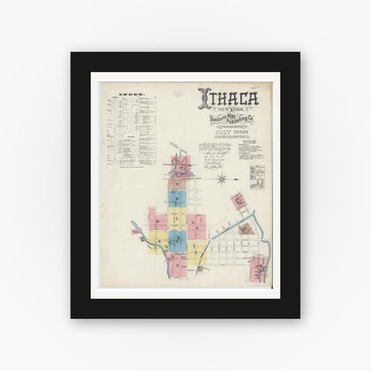Old map wall art mockup — black gallery frame with white mat — Sanborn Fire Insurance Map from Ithaca, Tompkins County, New York (1888), Sheet #0001