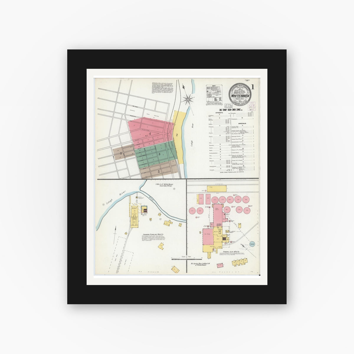 Old map wall art mockup — black gallery frame with white mat — Sanborn Fire Insurance Map from White Haven, Luzerne County, Pennsylvania (1903), Sheet #0001