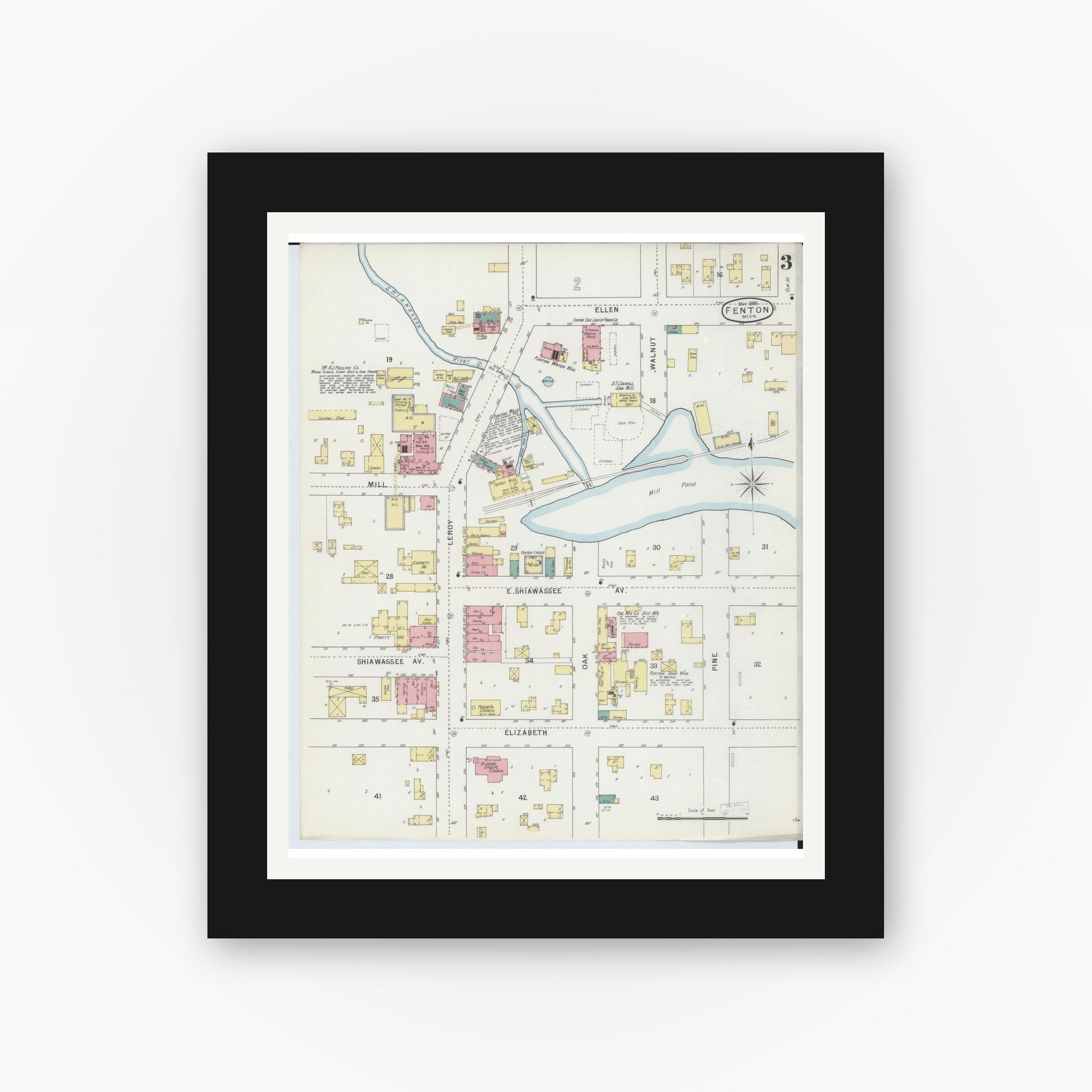 Old map wall art mockup — black gallery frame with white mat — Sanborn Fire Insurance Map from Fenton, Genesee County, Michigan (1895), Sheet #0003
