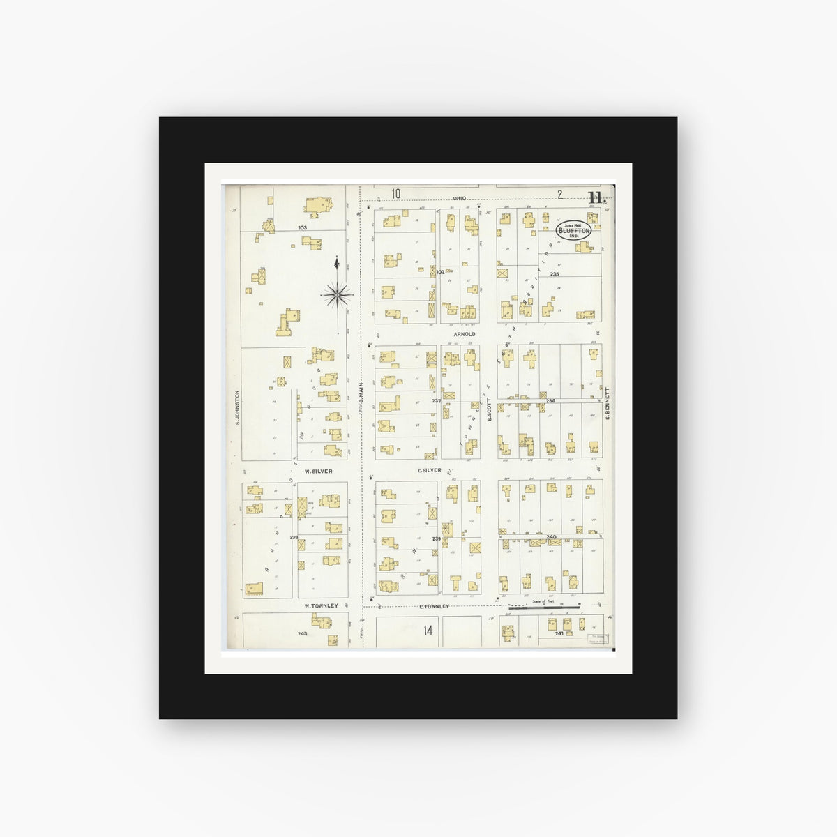 Old map wall art mockup — black gallery frame with white mat — Sanborn Fire Insurance Map from Bluffton, Wells County, Indiana (1906), Sheet #0011