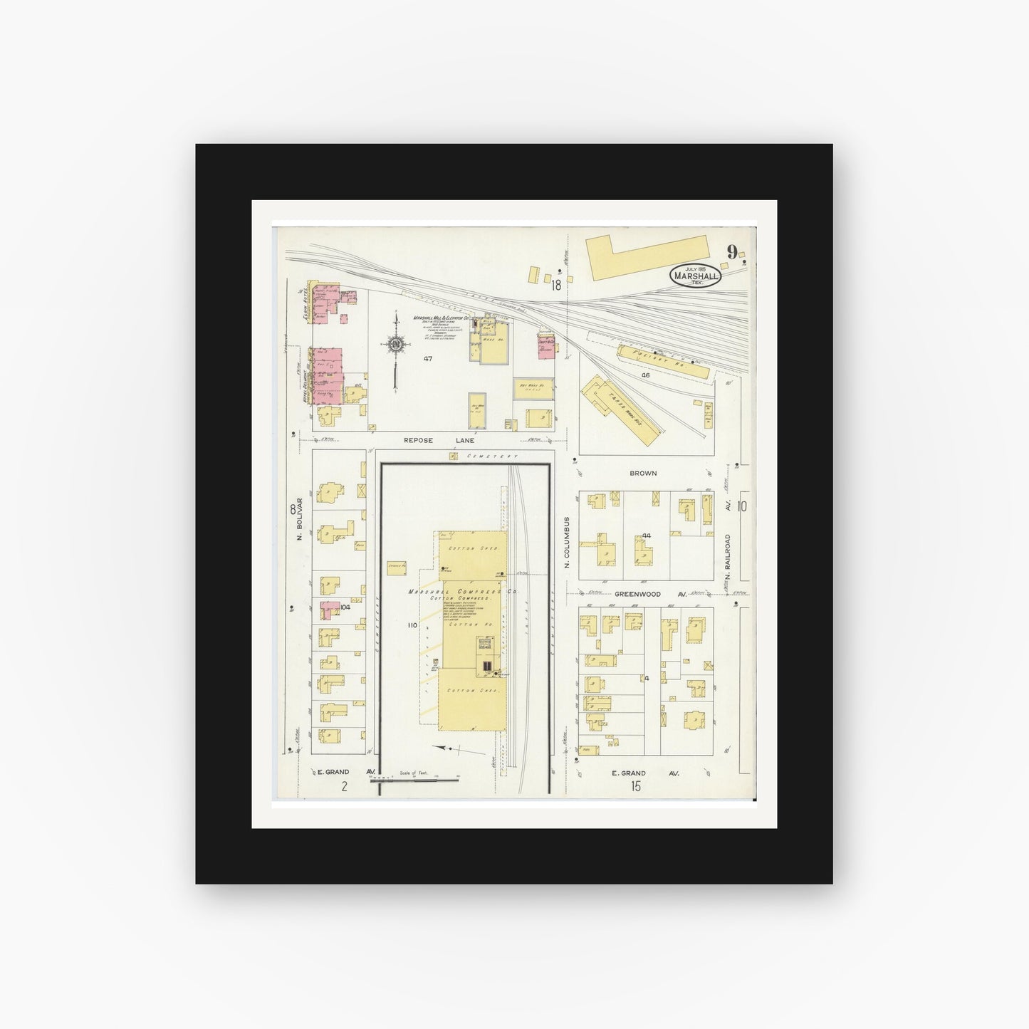 Old map wall art mockup — black gallery frame with white mat — Sanborn Fire Insurance Map from Marshall, Harrison County, Texas (1915), Sheet #0009