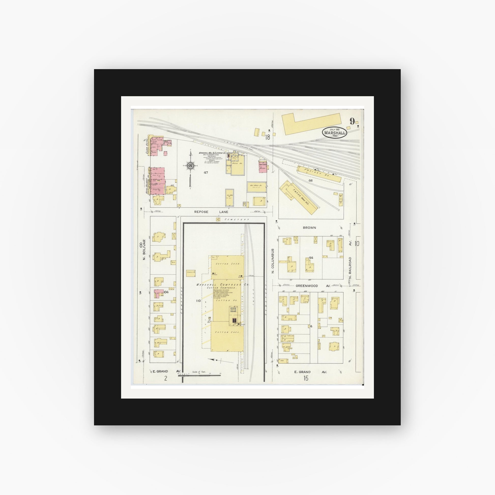 Old map wall art mockup — black gallery frame with white mat — Sanborn Fire Insurance Map from Marshall, Harrison County, Texas (1915), Sheet #0009