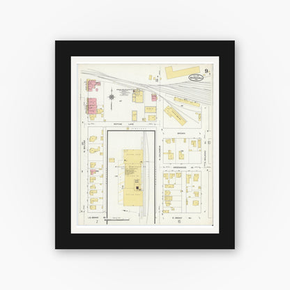 Old map wall art mockup — black gallery frame with white mat — Sanborn Fire Insurance Map from Marshall, Harrison County, Texas (1915), Sheet #0009