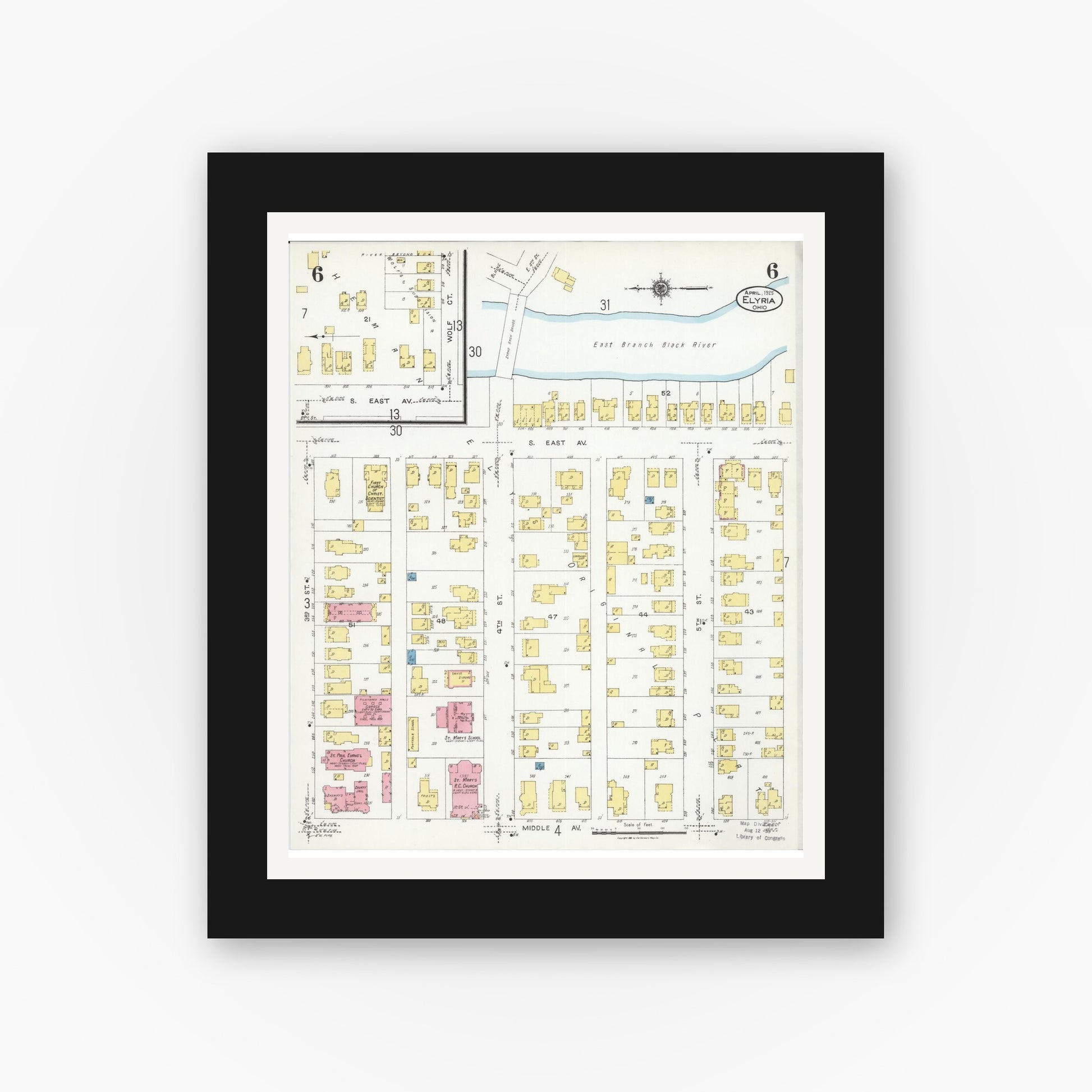 Old map wall art mockup — black gallery frame with white mat — Sanborn Fire Insurance Map from Elyria, Lorain County, Ohio (1925), Sheet #0006