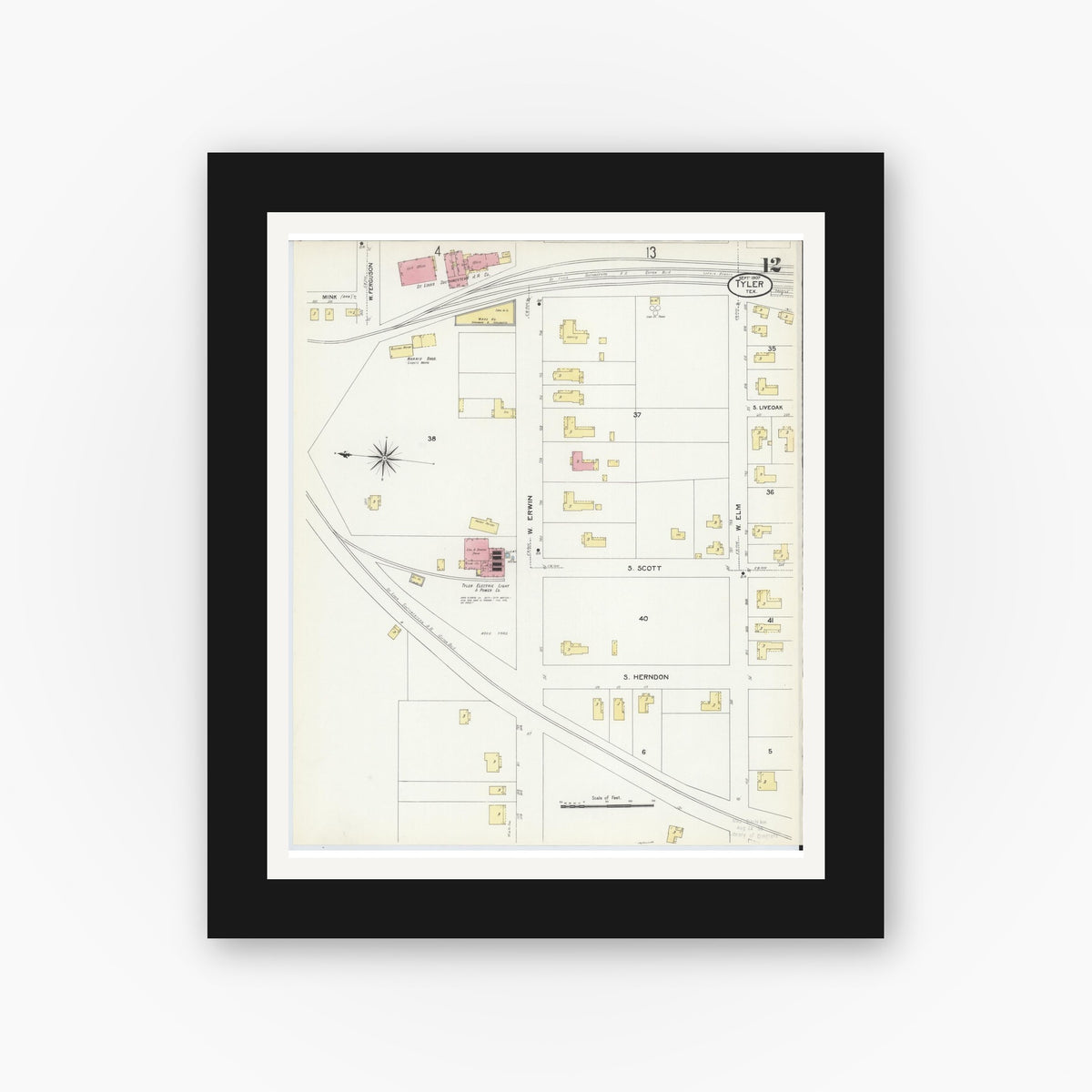 Old map wall art mockup — black gallery frame with white mat — Sanborn Fire Insurance Map from Tyler, Smith County, Texas (1907), Sheet #0012