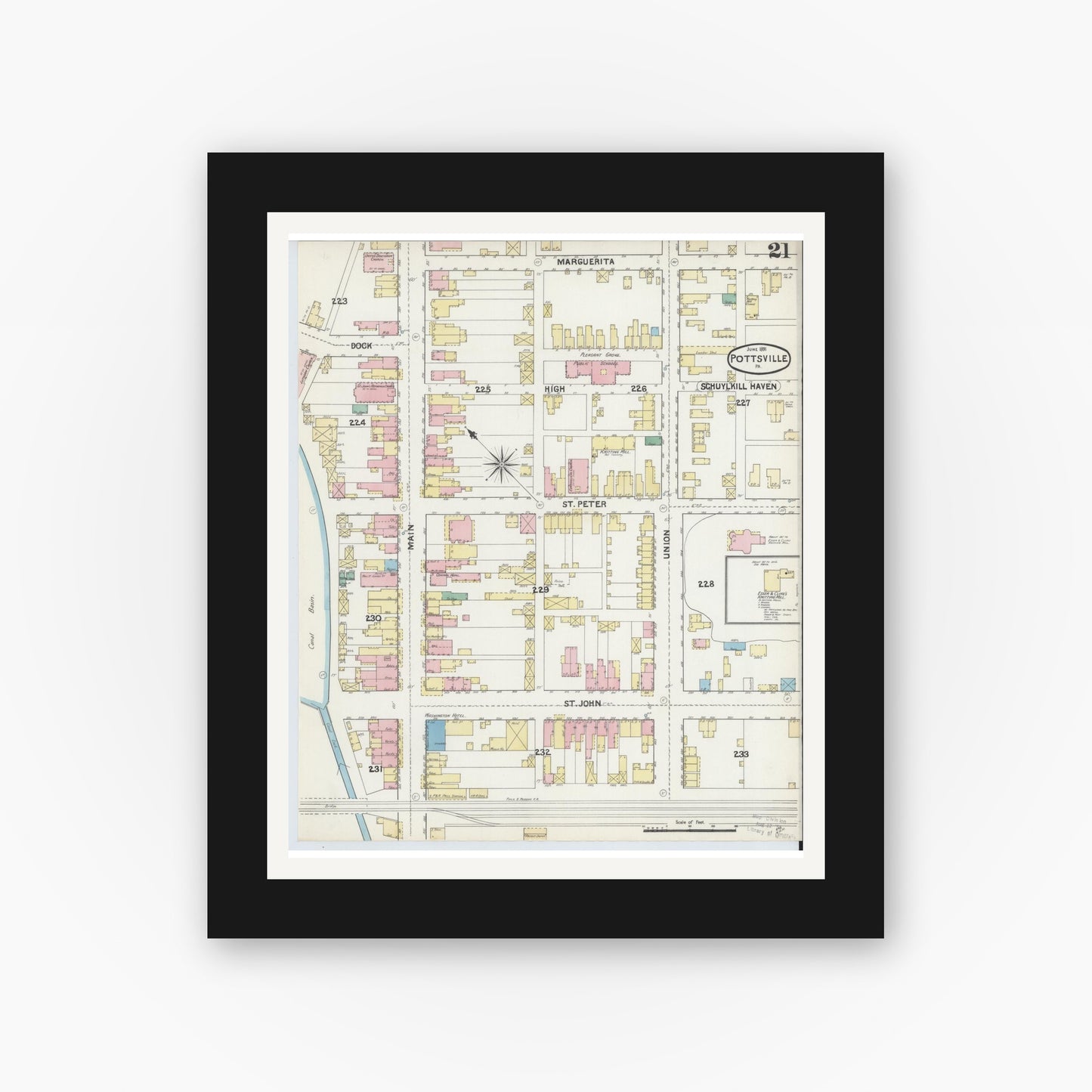 Old map wall art mockup — black gallery frame with white mat — Sanborn Fire Insurance Map from Pottsville, Schuylkill County, Pennsylvania (1891), Sheet #0021