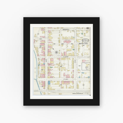 Old map wall art mockup — black gallery frame with white mat — Sanborn Fire Insurance Map from Pottsville, Schuylkill County, Pennsylvania (1891), Sheet #0021