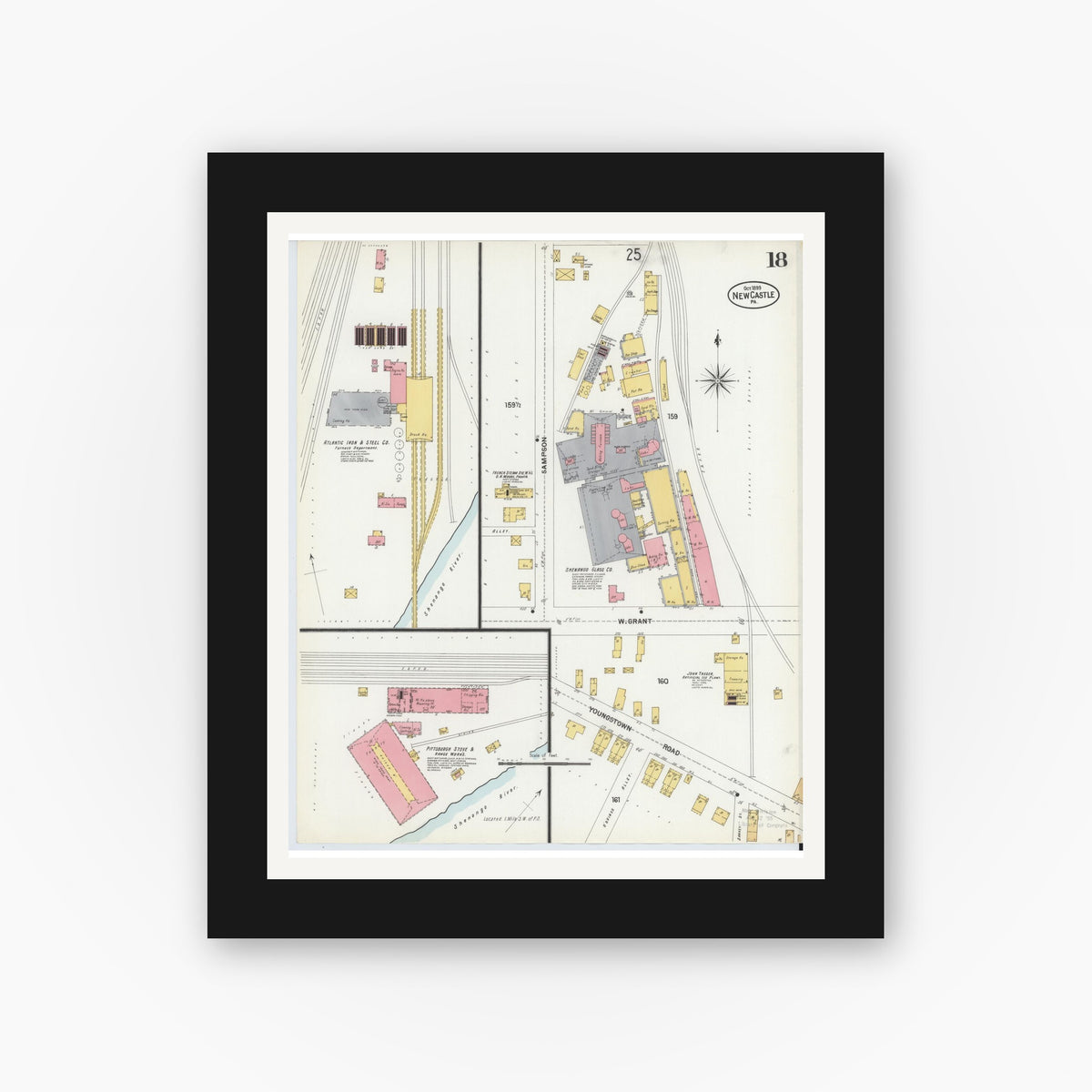 Old map wall art mockup — black gallery frame with white mat — Sanborn Fire Insurance Map from New Castle, Lawrence County, Pennsylvania (1899), Sheet #0018