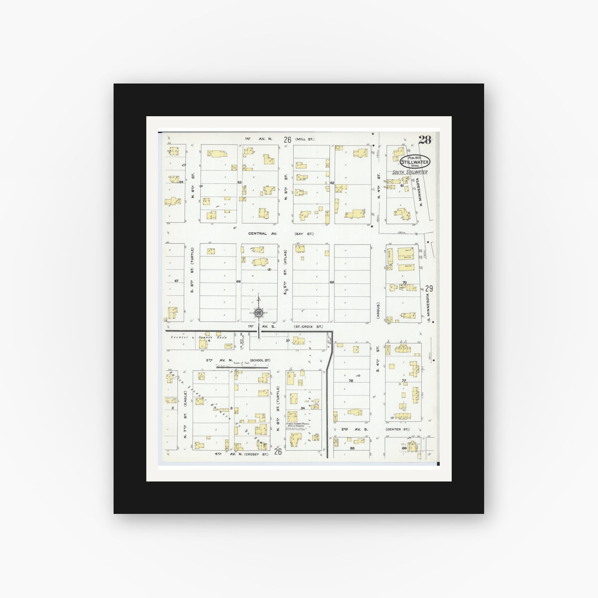 Old map wall art mockup — black gallery frame with white mat — Sanborn Fire Insurance Map from Stillwater, Washington County, Minnesota (1910), Sheet #0028