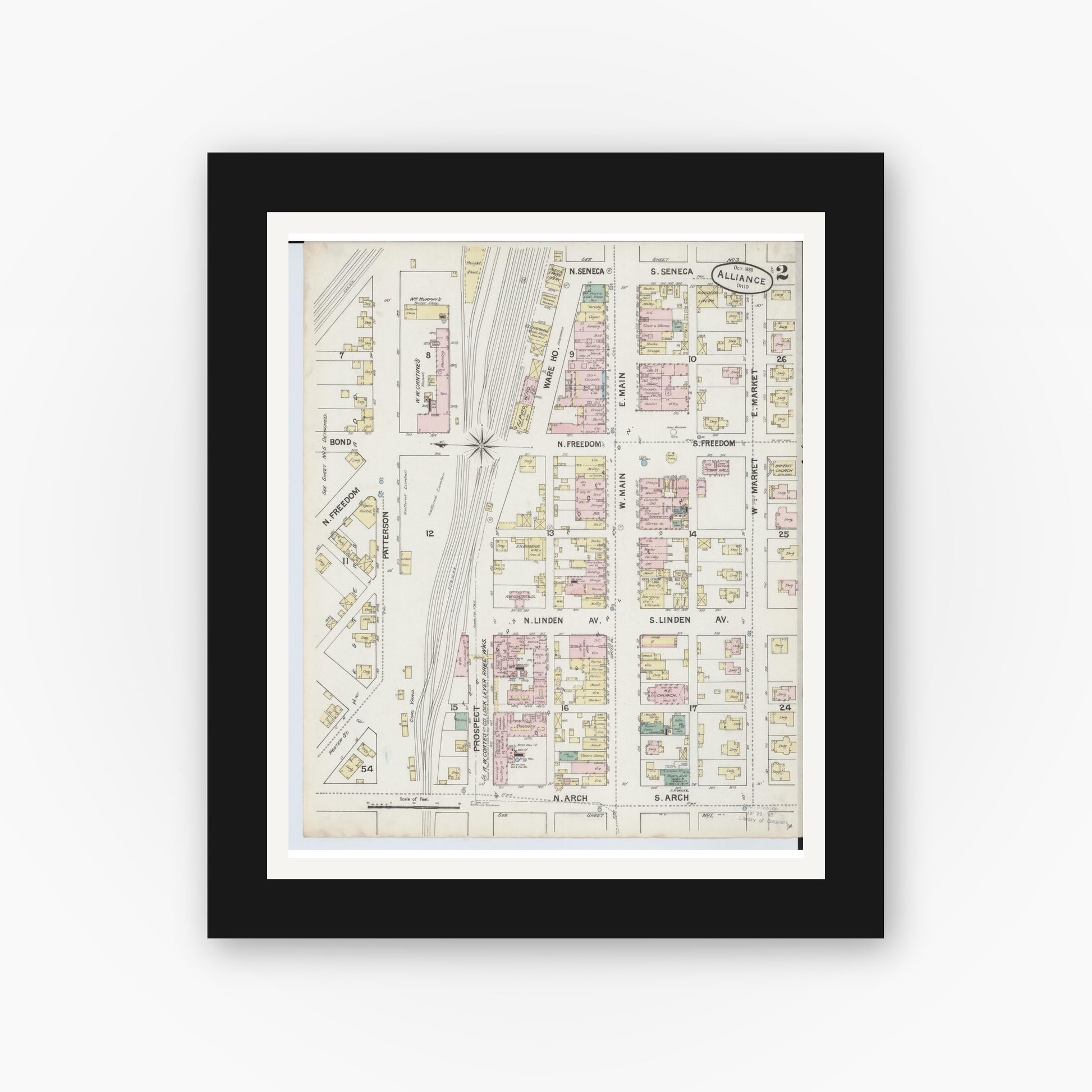 Old map wall art mockup — black gallery frame with white mat — Sanborn Fire Insurance Map from Alliance, Stark County, Ohio (1888), Sheet #0002
