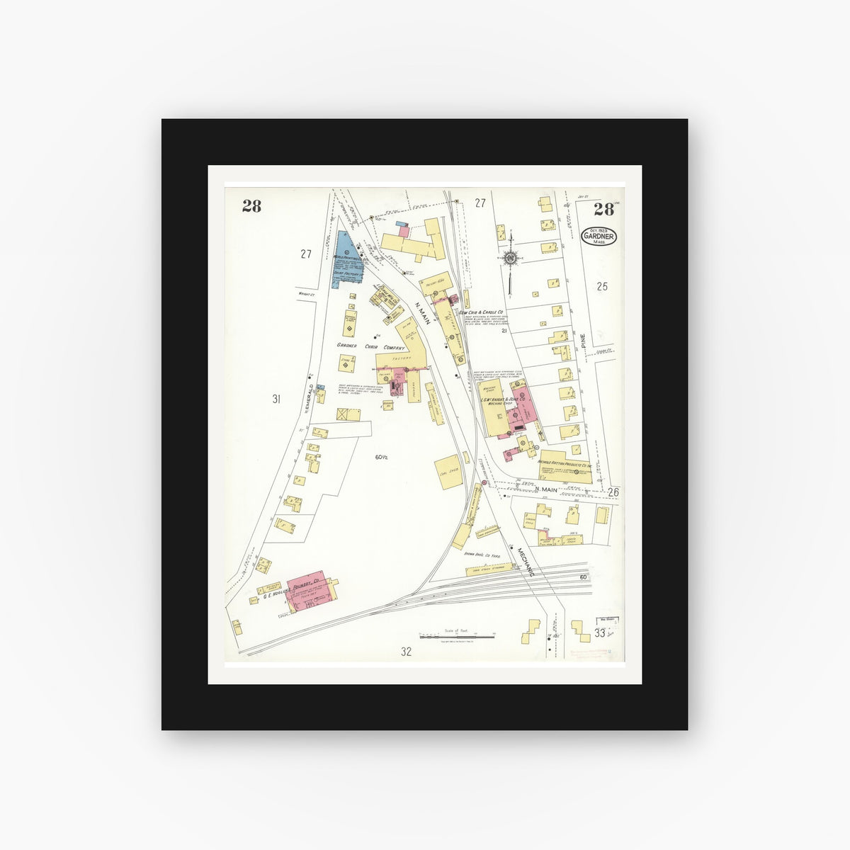 Old map wall art mockup — black gallery frame with white mat — Sanborn Fire Insurance Map from Gardner, Worcester County, Massachusetts (1923), Sheet #0028