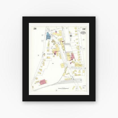 Old map wall art mockup — black gallery frame with white mat — Sanborn Fire Insurance Map from Gardner, Worcester County, Massachusetts (1923), Sheet #0028