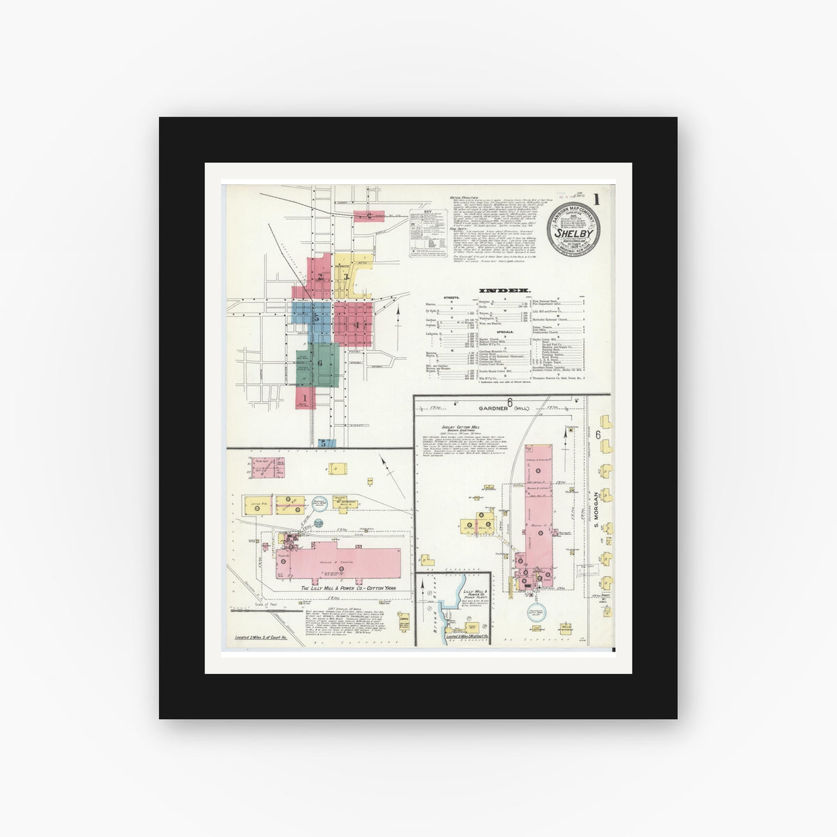 Old map wall art mockup — black gallery frame with white mat — Sanborn Fire Insurance Map from Shelby, Cleveland County, North Carolina (1909) - Complete Map Set