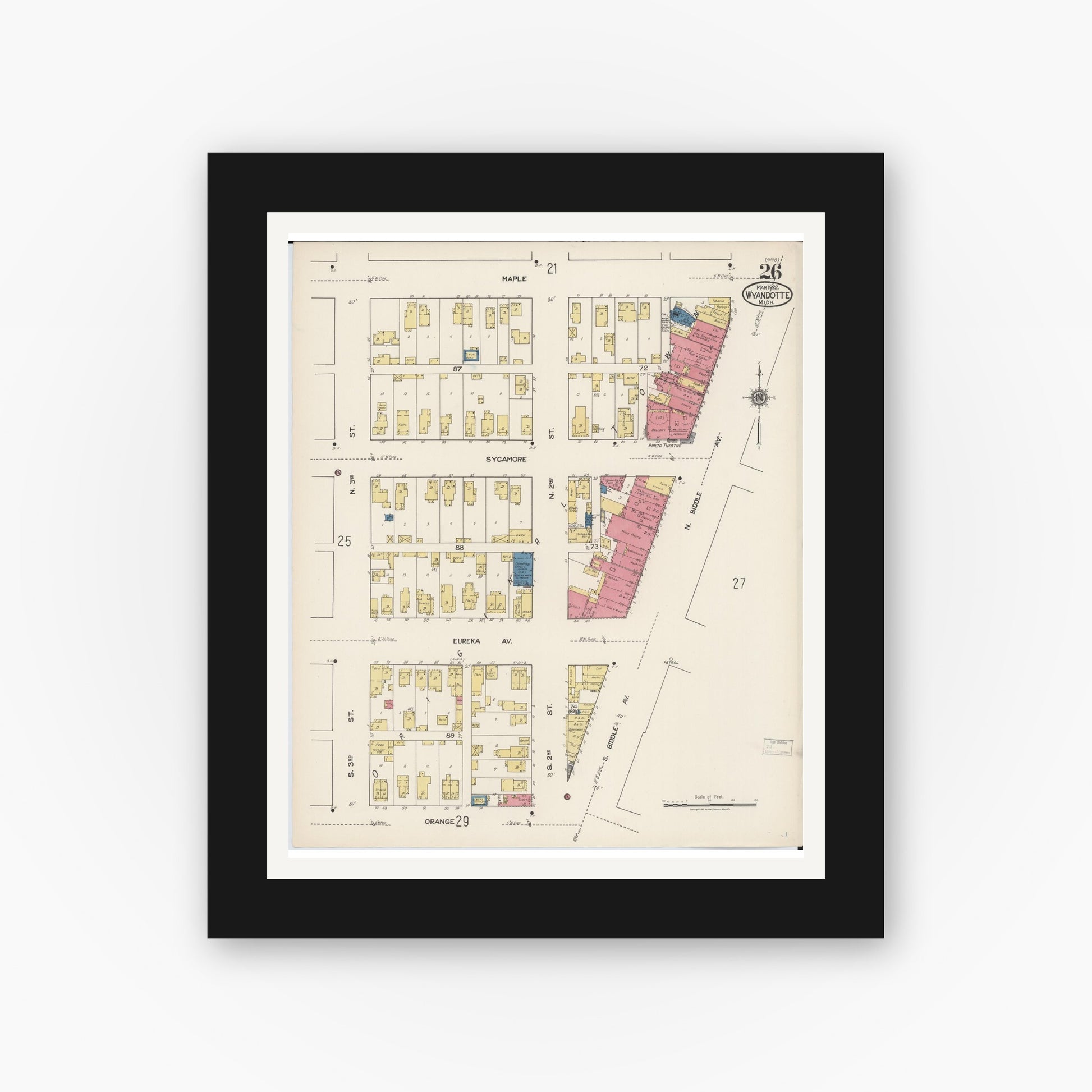 Old map wall art mockup — black gallery frame with white mat — Sanborn Fire Insurance Map from Wyandotte, Wayne County, Michigan (1922), Sheet #0026