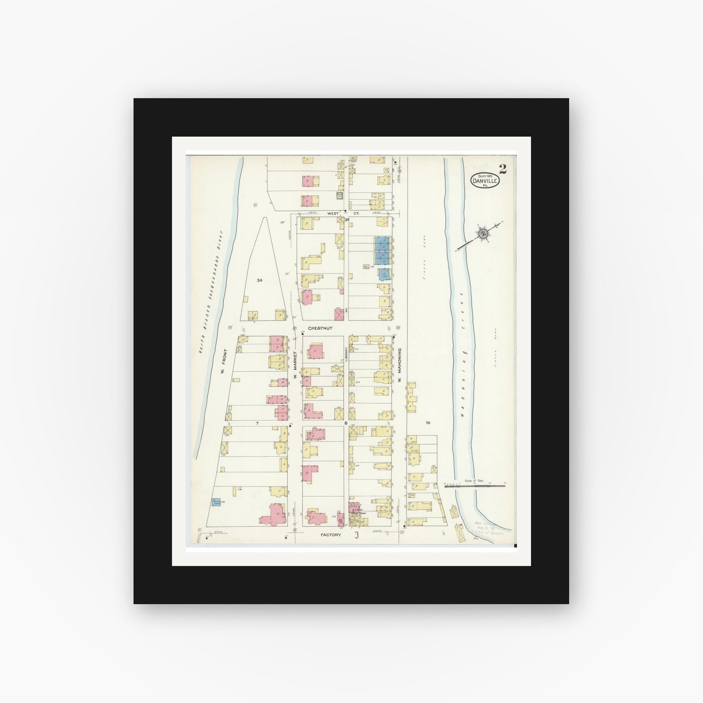 Old map wall art mockup — black gallery frame with white mat — Sanborn Fire Insurance Map from Danville, Montour County, Pennsylvania (1913), Sheet #0002