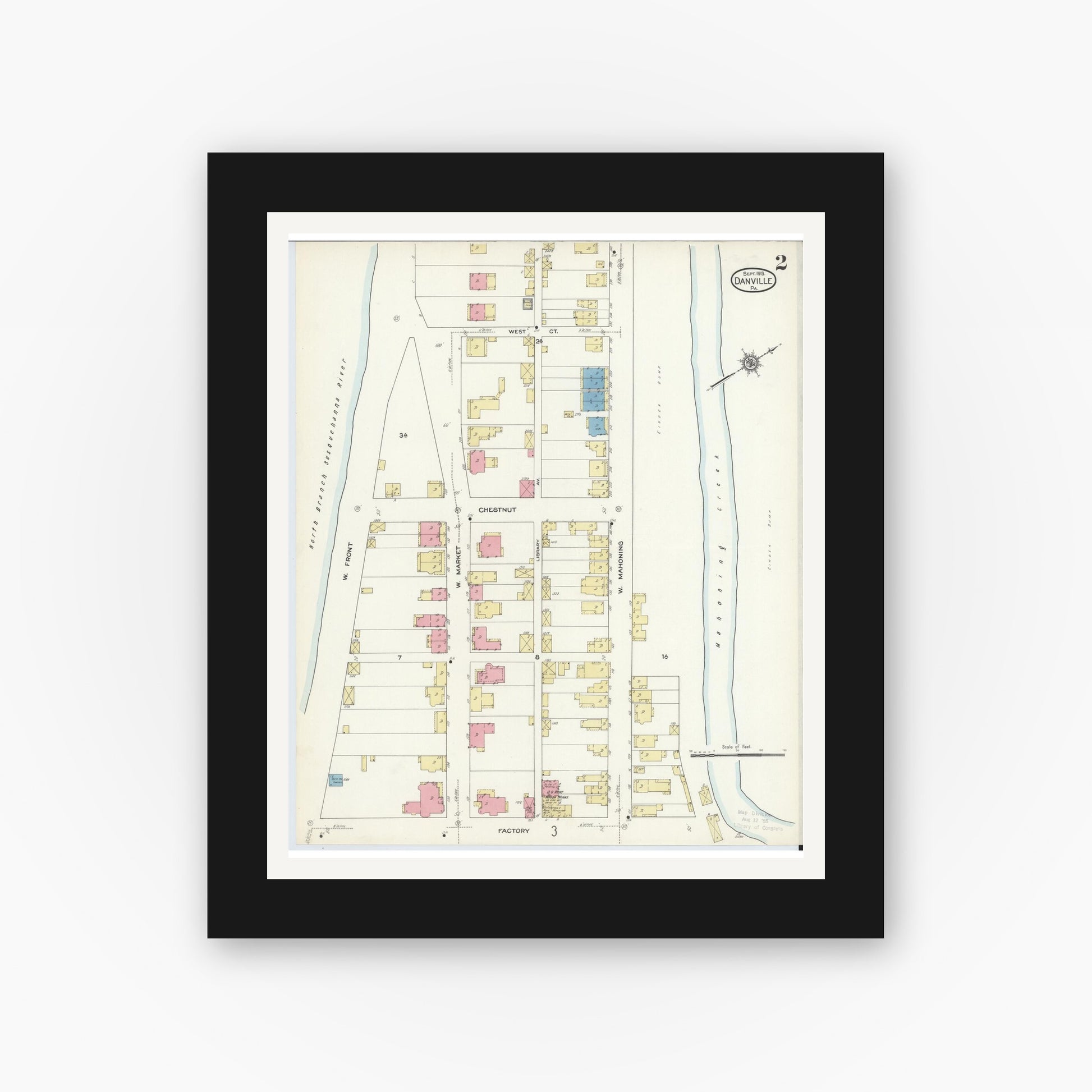 Old map wall art mockup — black gallery frame with white mat — Sanborn Fire Insurance Map from Danville, Montour County, Pennsylvania (1913), Sheet #0002