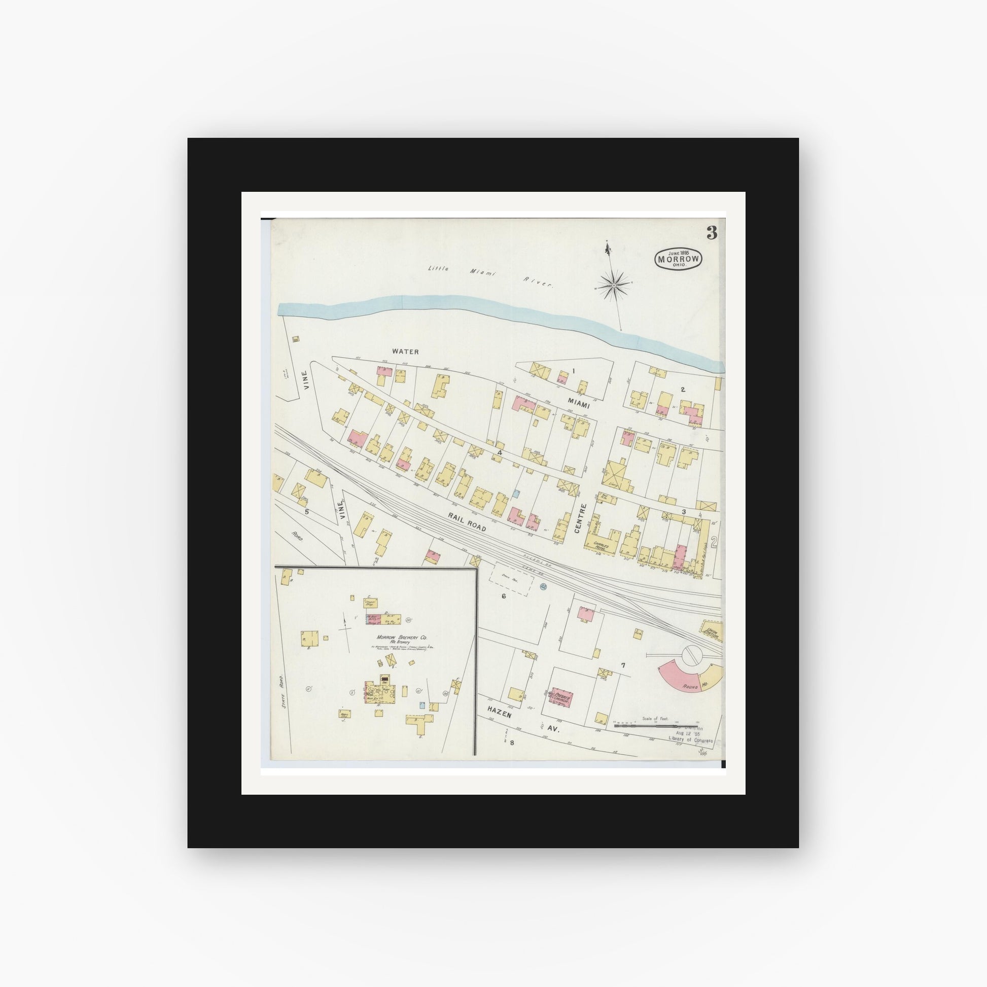 Old map wall art mockup — black gallery frame with white mat — Sanborn Fire Insurance Map from Morrow, Warren County, Ohio (1895), Sheet #0003