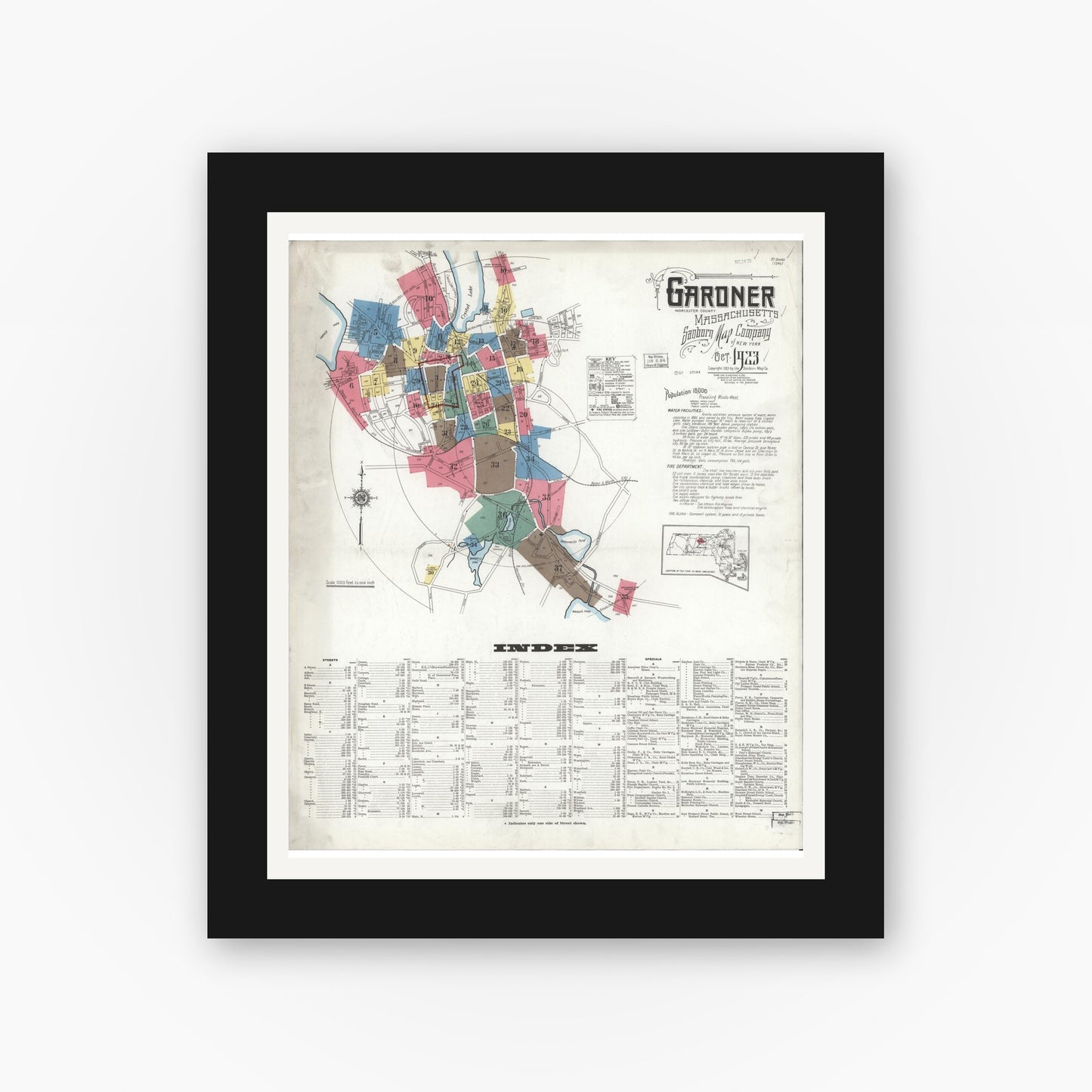 Old map wall art mockup — black gallery frame with white mat — Sanborn Fire Insurance Map from Gardner, Worcester County, Massachusetts (1923) - Complete Map Set