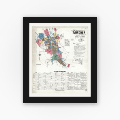 Old map wall art mockup — black gallery frame with white mat — Sanborn Fire Insurance Map from Gardner, Worcester County, Massachusetts (1923) - Complete Map Set