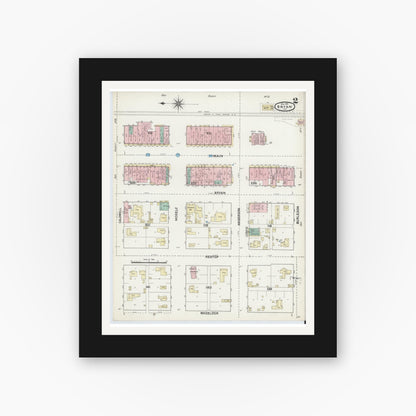 Old map wall art mockup — black gallery frame with white mat — Sanborn Fire Insurance Map from Bryan, Brazos County, Texas (1891), Sheet #0002